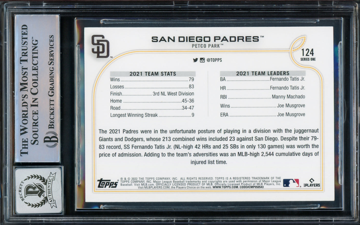 Fernando Tatis Jr. Autographed 2022 Topps Card #124 San Diego Padres Auto Grade Gem Mint 10 Beckett BAS Stock #216682