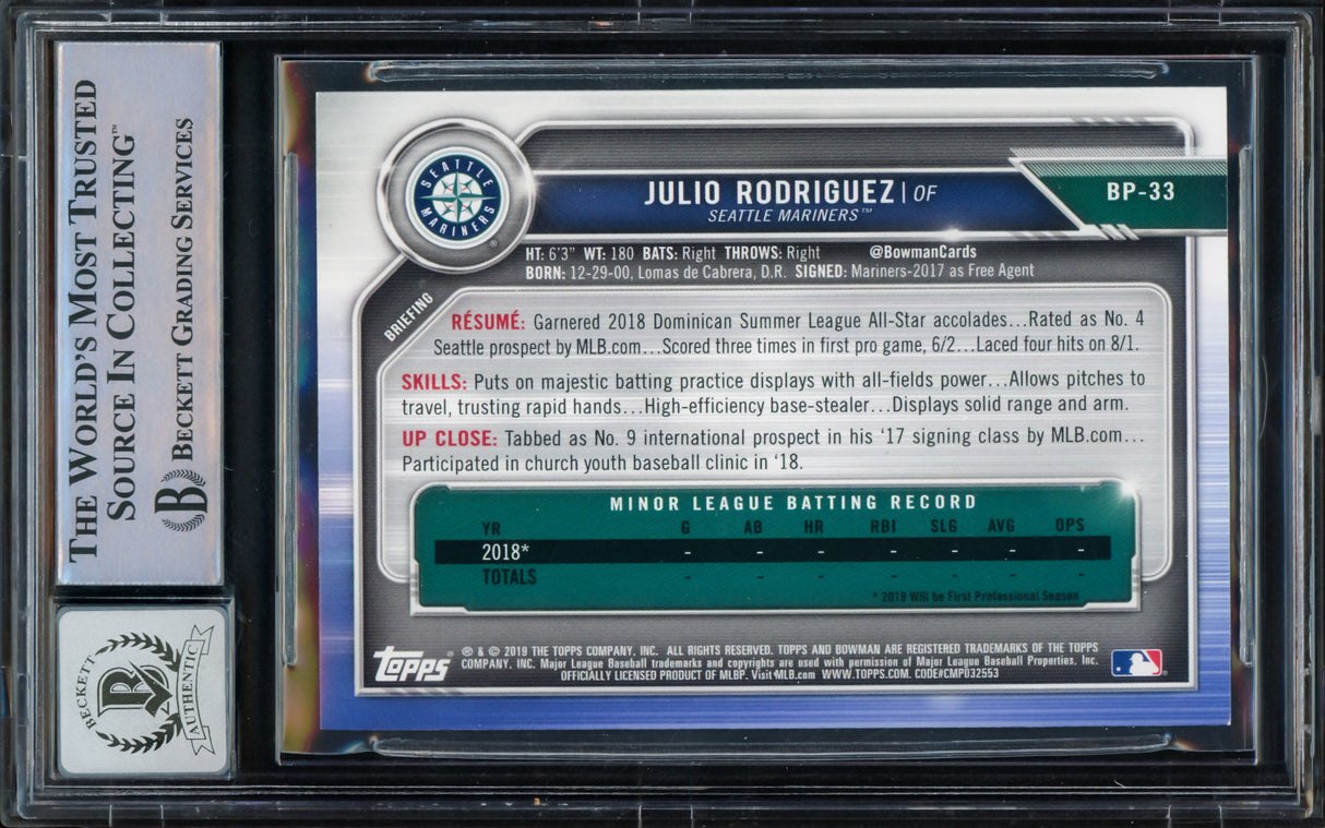 Julio Rodriguez Autographed 2019 1st Bowman Prospects Rookie Card #BP-33 Seattle Mariners Auto Grade Gem Mint 10 Beckett BAS Stock #216707