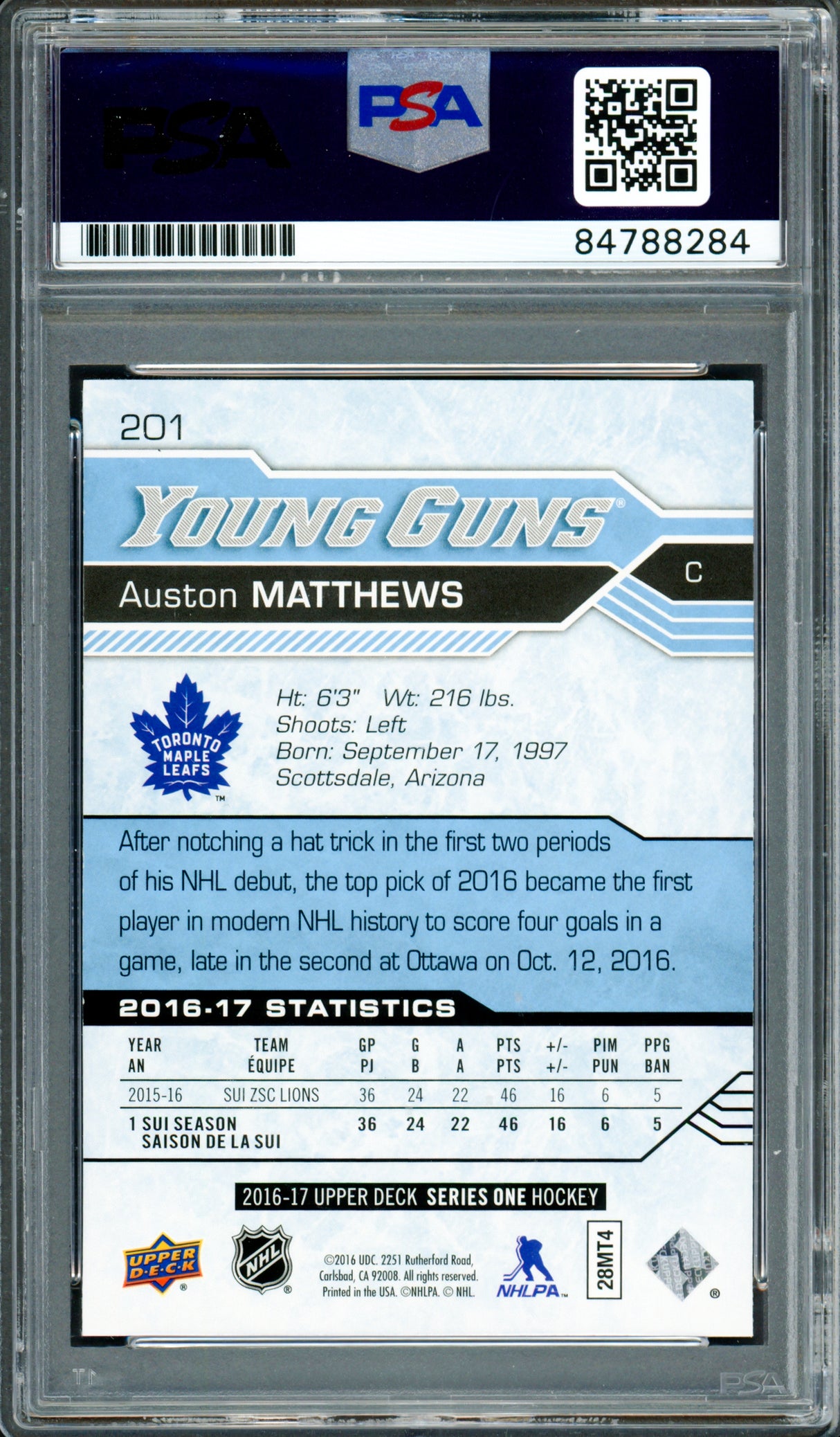 Auston Matthews Autographed 2016 Upper Deck UD Young Guns Rookie Card #201 Toronto Maple Leafs Auto Grade Gem Mint 10 "2017 Calder" PSA/DNA #84788284