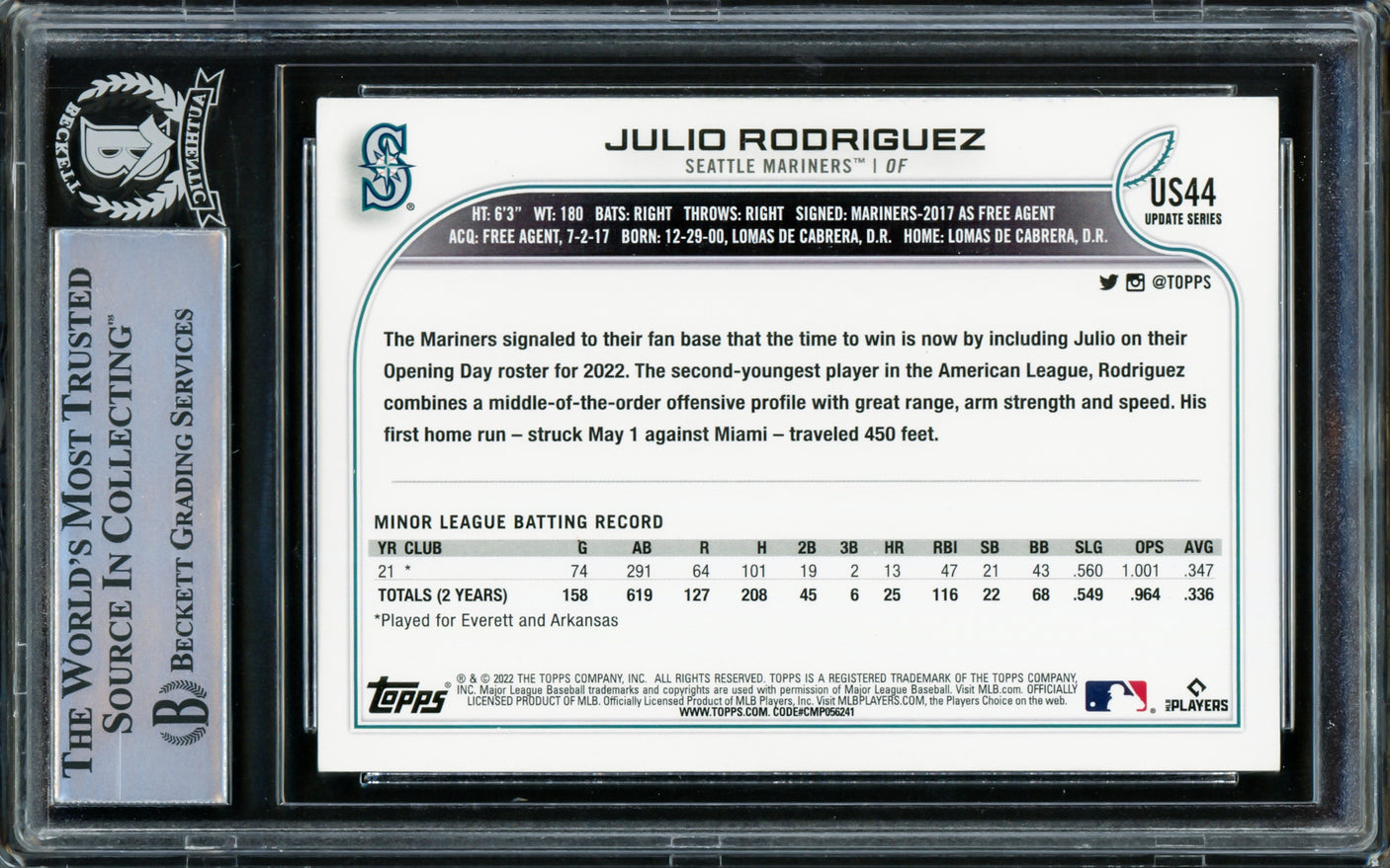 Julio Rodriguez Autographed 2022 Topps Update Rookie Card #US44 Seattle Mariners Beckett BAS Stock #216867