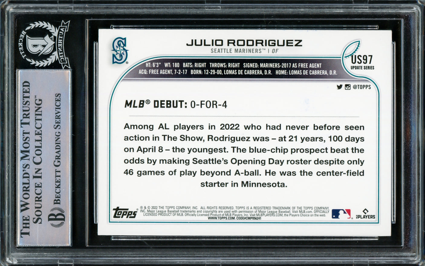 Julio Rodriguez Autographed 2022 Topps Update Rookie Card #US97 Seattle Mariners Beckett BAS Stock #216868