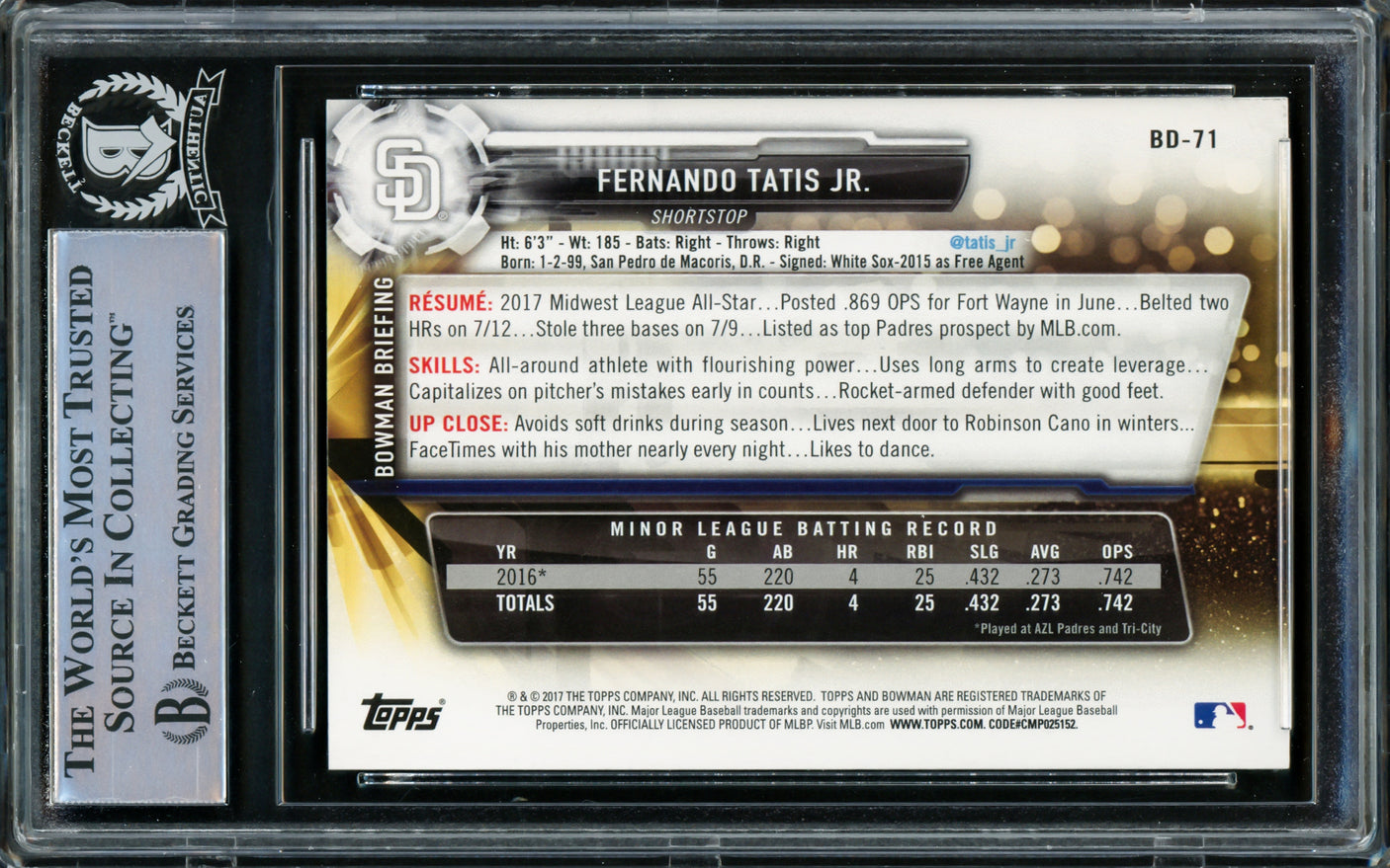 Fernando Tatis Jr. Autographed 2017 Bowman Draft Card #BD71 San Diego Padres Beckett BAS Stock #216871
