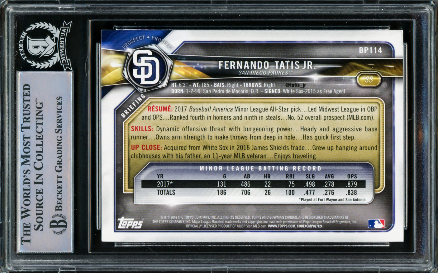 Fernando Tatis Jr. Autographed 2018 Bowman Prospects Card #BP114 San Diego Padres Beckett BAS Stock #216872