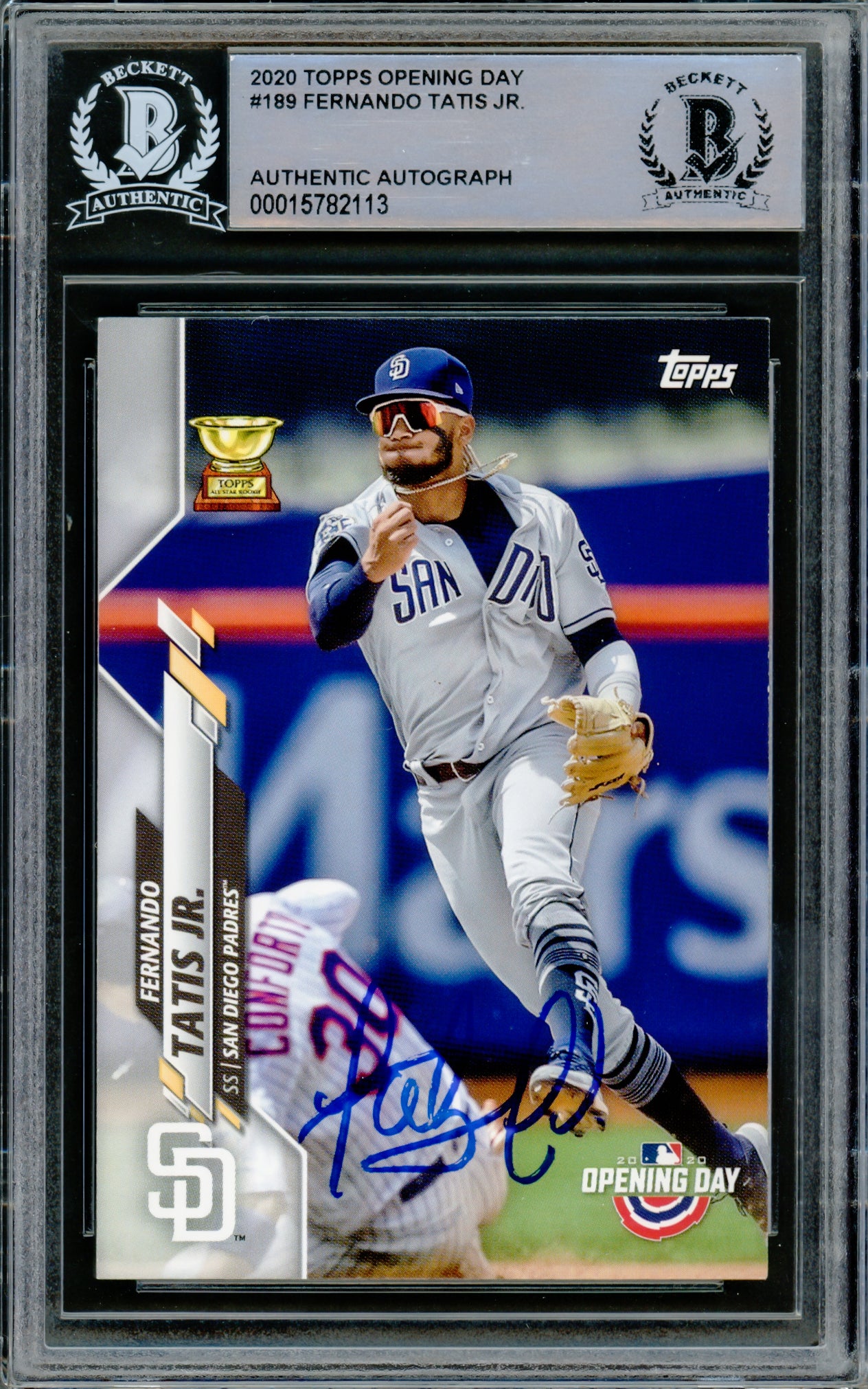 Fernando Tatis Jr. Autographed 2020 Topps Opening Day Card #189 San Diego Padres Beckett BAS Stock #216875
