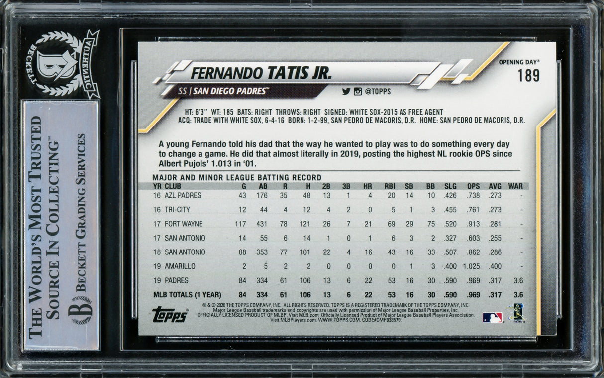 Fernando Tatis Jr. Autographed 2020 Topps Opening Day Card #189 San Diego Padres Beckett BAS Stock #216875