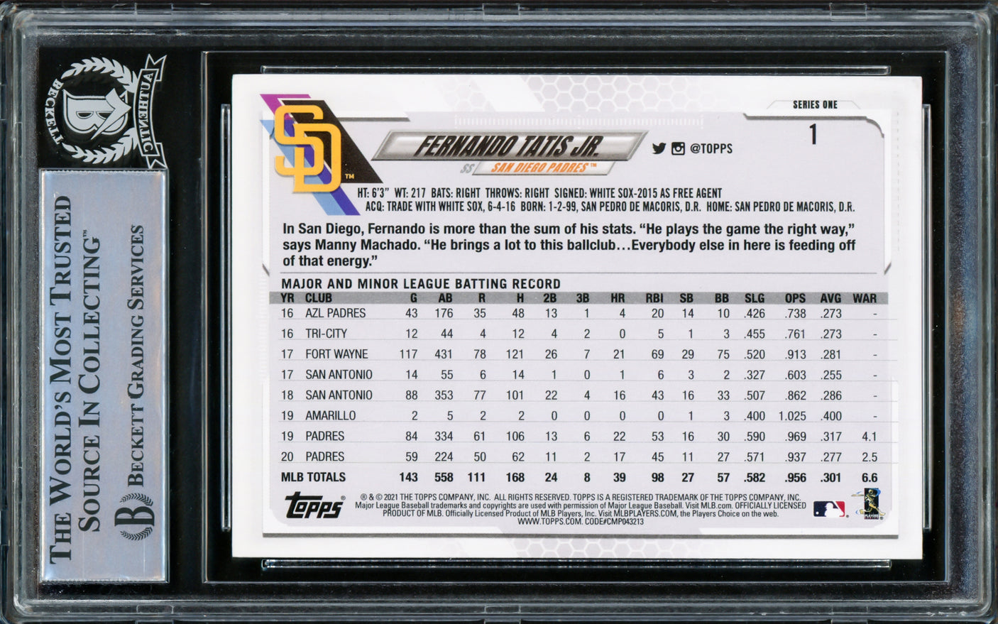 Fernando Tatis Jr. Autographed 2021 Topps Card #1 San Diego Padres Beckett BAS Stock #216877