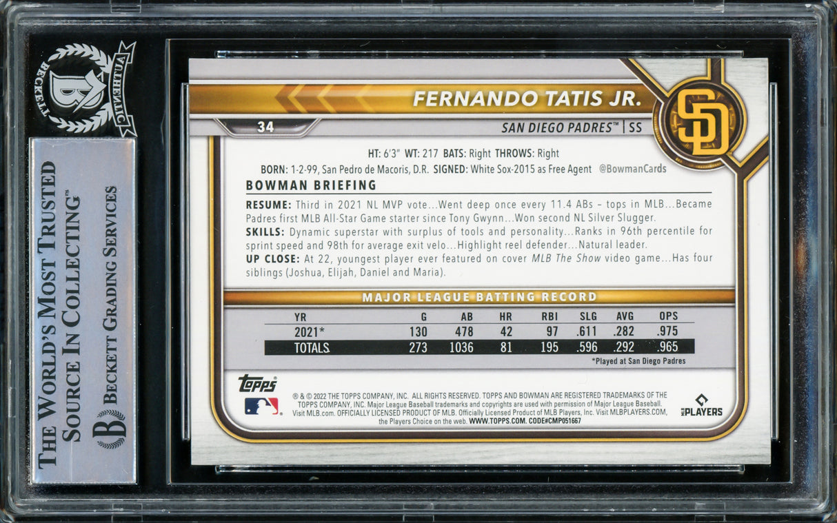 Fernando Tatis Jr. Autographed 2022 Bowman Card #34 San Diego Padres Beckett BAS Stock #216879