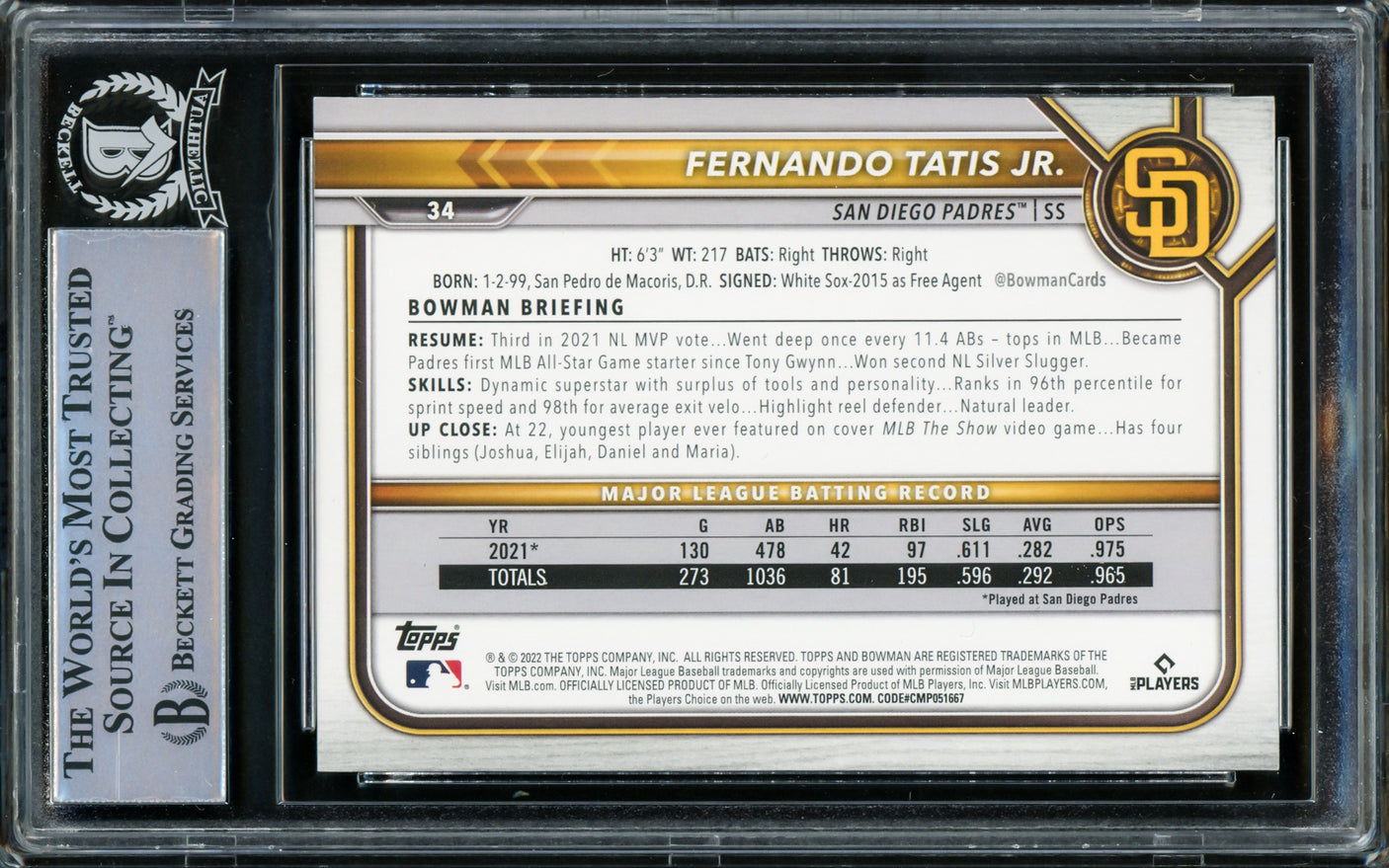 Fernando Tatis Jr. Autographed 2022 Bowman Card #34 San Diego Padres Beckett BAS Stock #216879