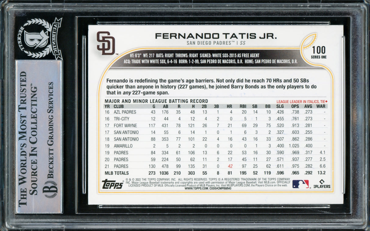 Fernando Tatis Jr. Autographed 2022 Topps Card #100 San Diego Padres Beckett BAS Stock #216880