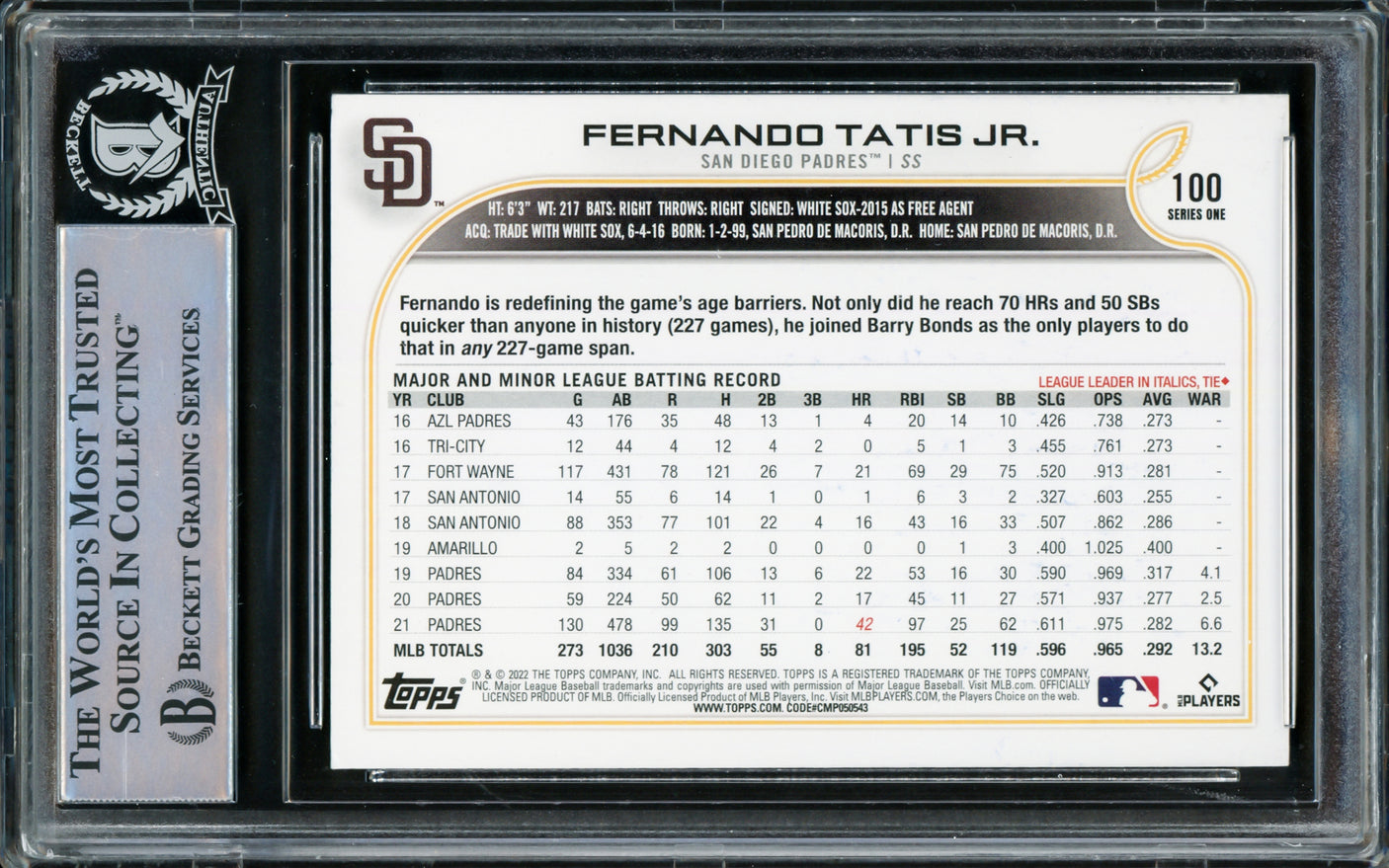 Fernando Tatis Jr. Autographed 2022 Topps Card #100 San Diego Padres Beckett BAS Stock #216880