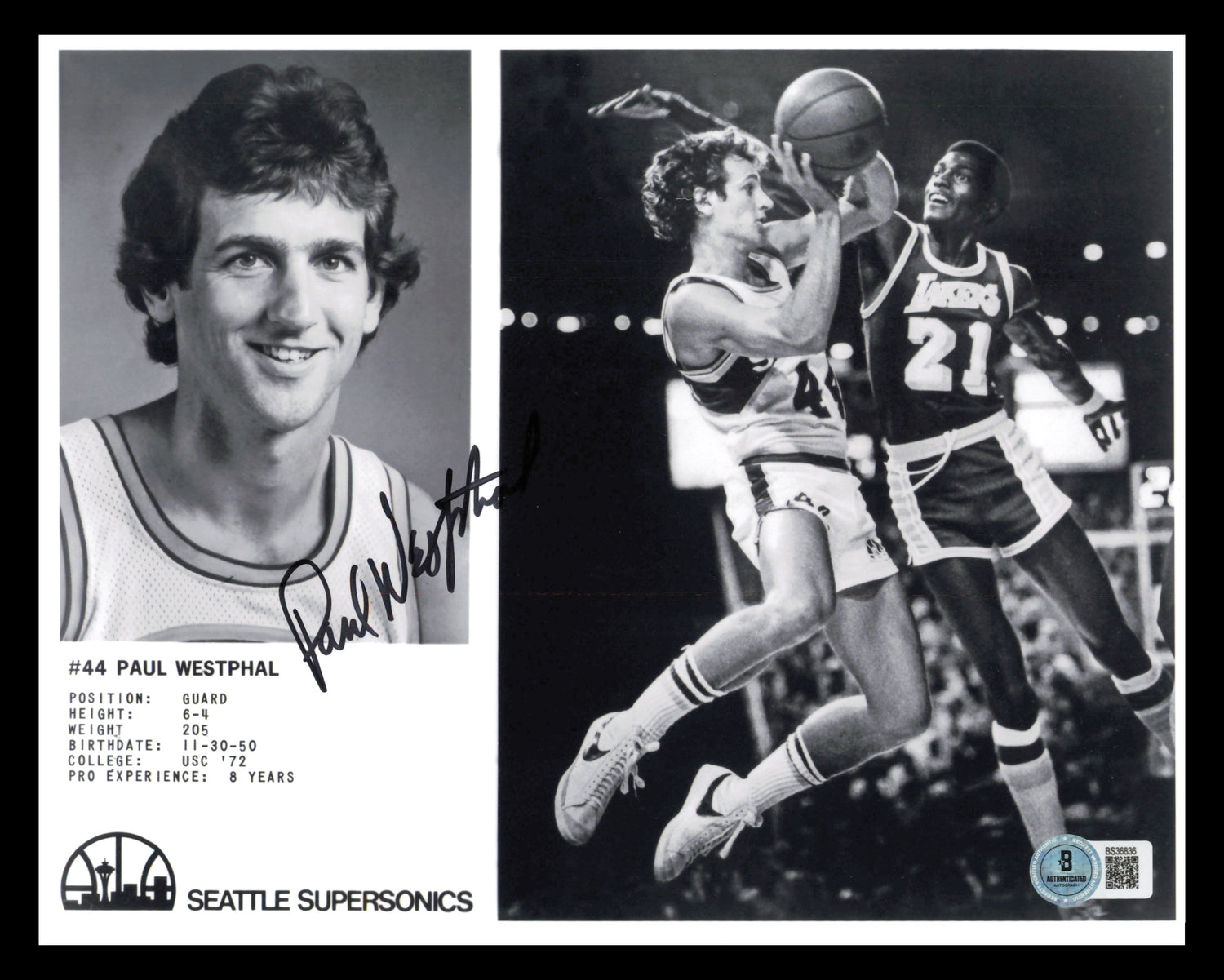 Paul Westphal Autographed 8x10 Photo Seattle Supersonics Beckett BAS QR #BS36836