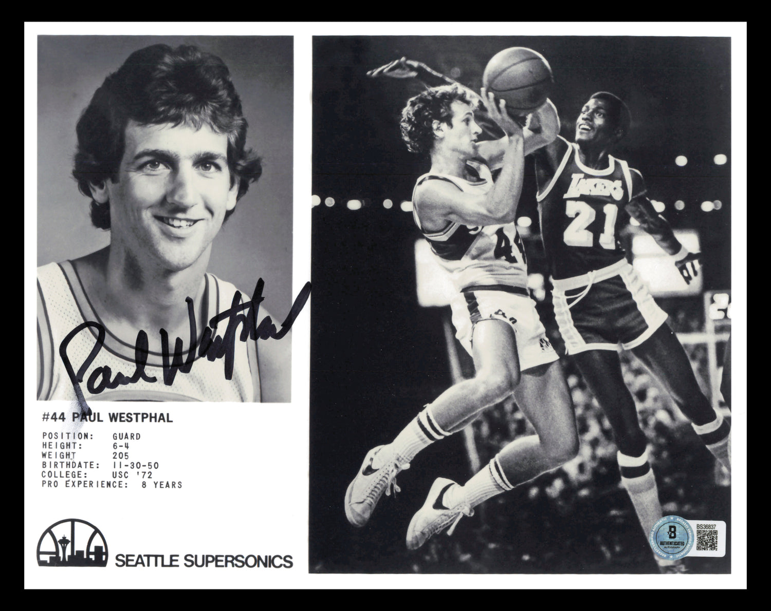 Paul Westphal Autographed 8x10 Photo Seattle Supersonics Beckett BAS QR #BS36837