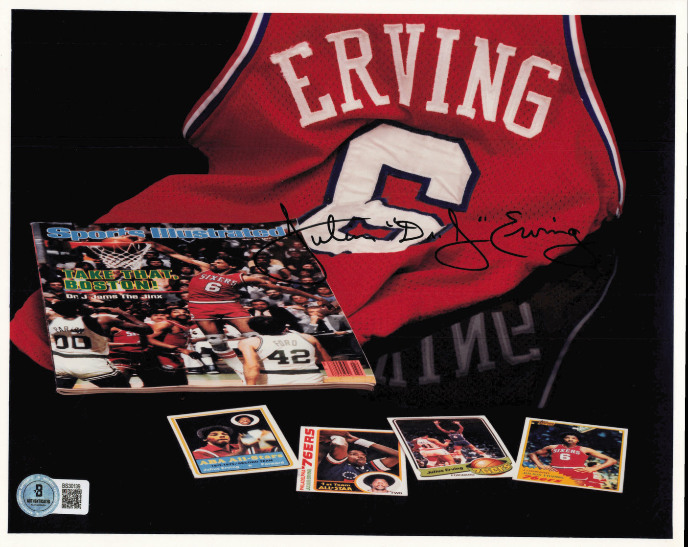 Julius Dr. J Erving Autographed 8x10 Photo Philadelphia 76ers Beckett BAS QR #BS30139