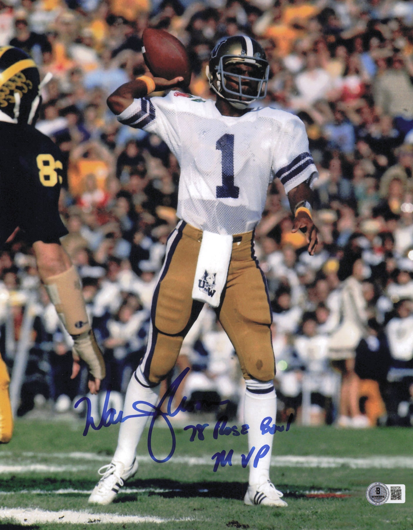Warren Moon Autographed 11x14 Photo Washington Huskies "Rose Bowl MVP 78" Beckett BAS QR #SB30726
