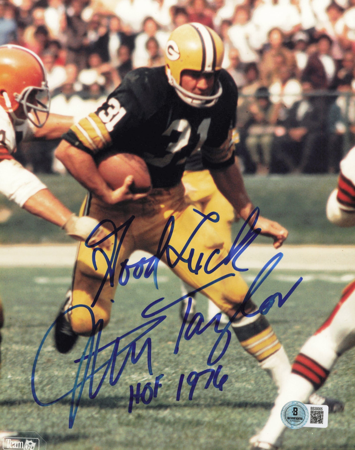 Jim Taylor Autographed 8x10 Photo Green Bay Packers "Good Luck HOF 1976" Beckett BAS QR #BS32005