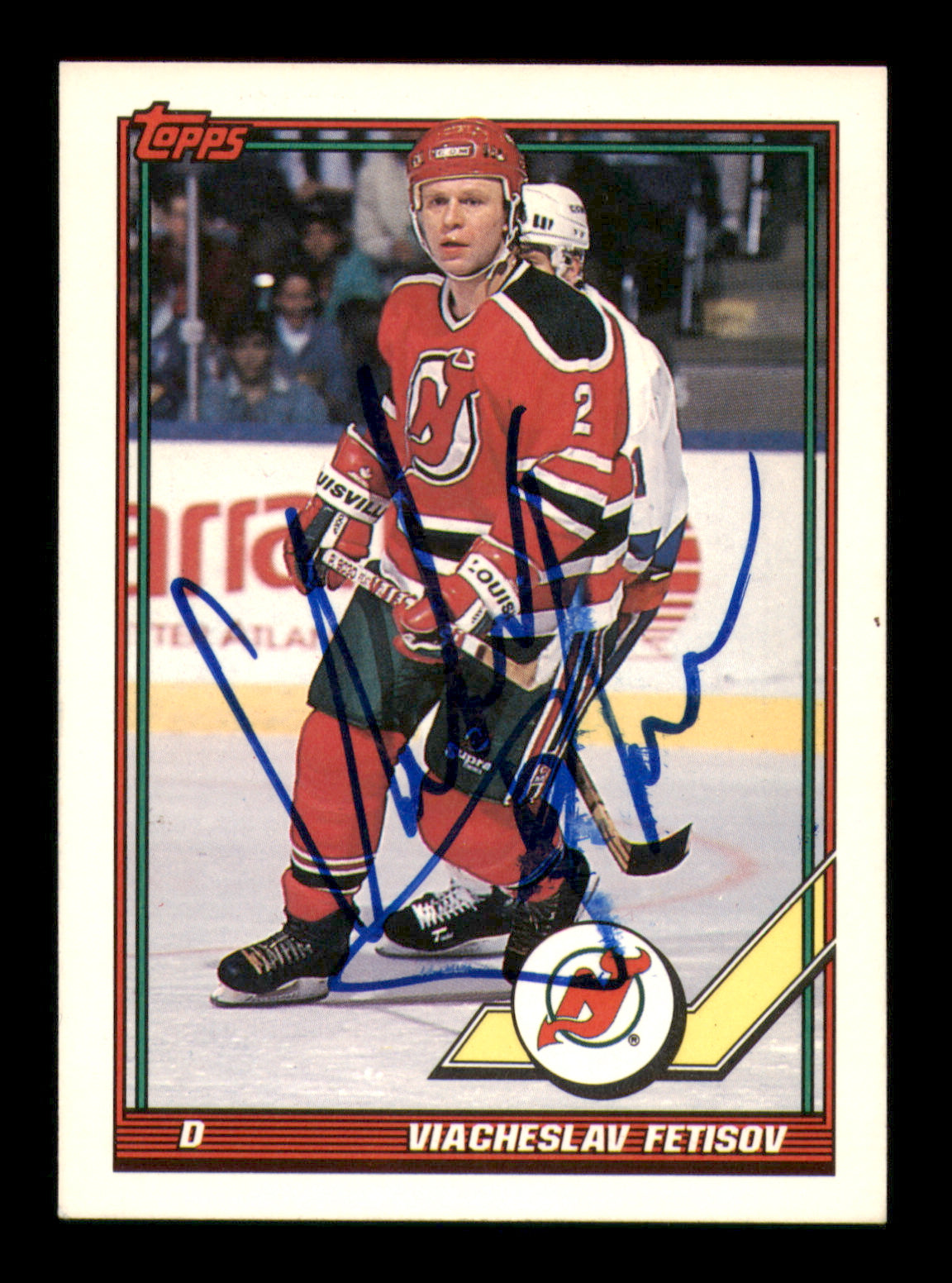 Viacheslav Fetisov Autographed 1991-92 Topps Card #175 New Jersey Devils (Smudged) SKU #248096