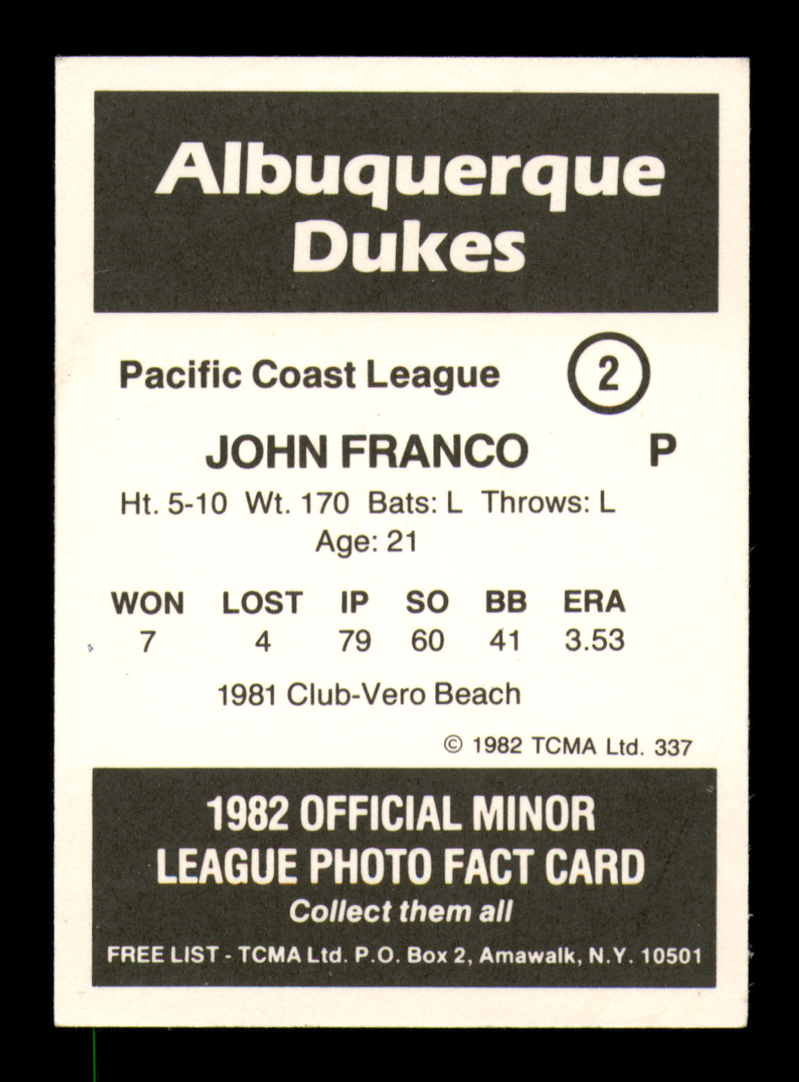 John Franco Autographed 1982 TCMA Rookie Card #2 Albuquerque Dukes SKU #248456