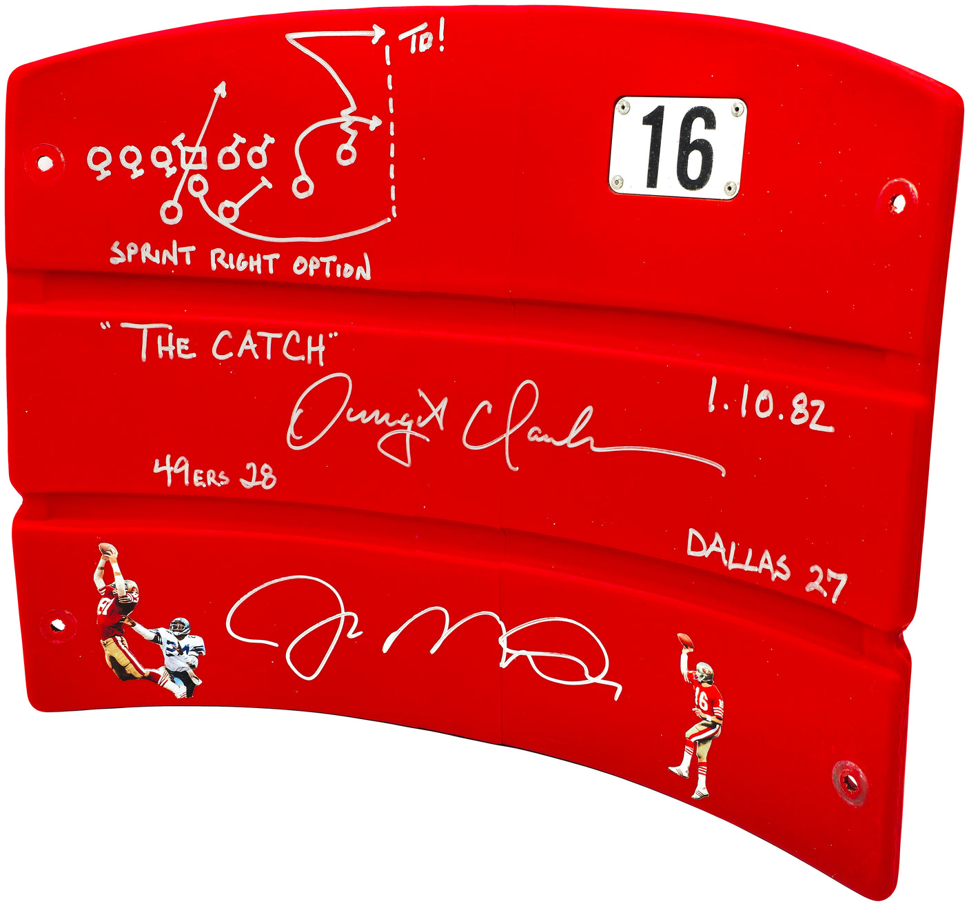 Joe Montana & Dwight Clark Autographed Red Stadium Used Candlestick Park Seatback San Francisco 49ers "The Catch, Sprint Right Option Play Sketch" Beckett BAS QR Stock #231872