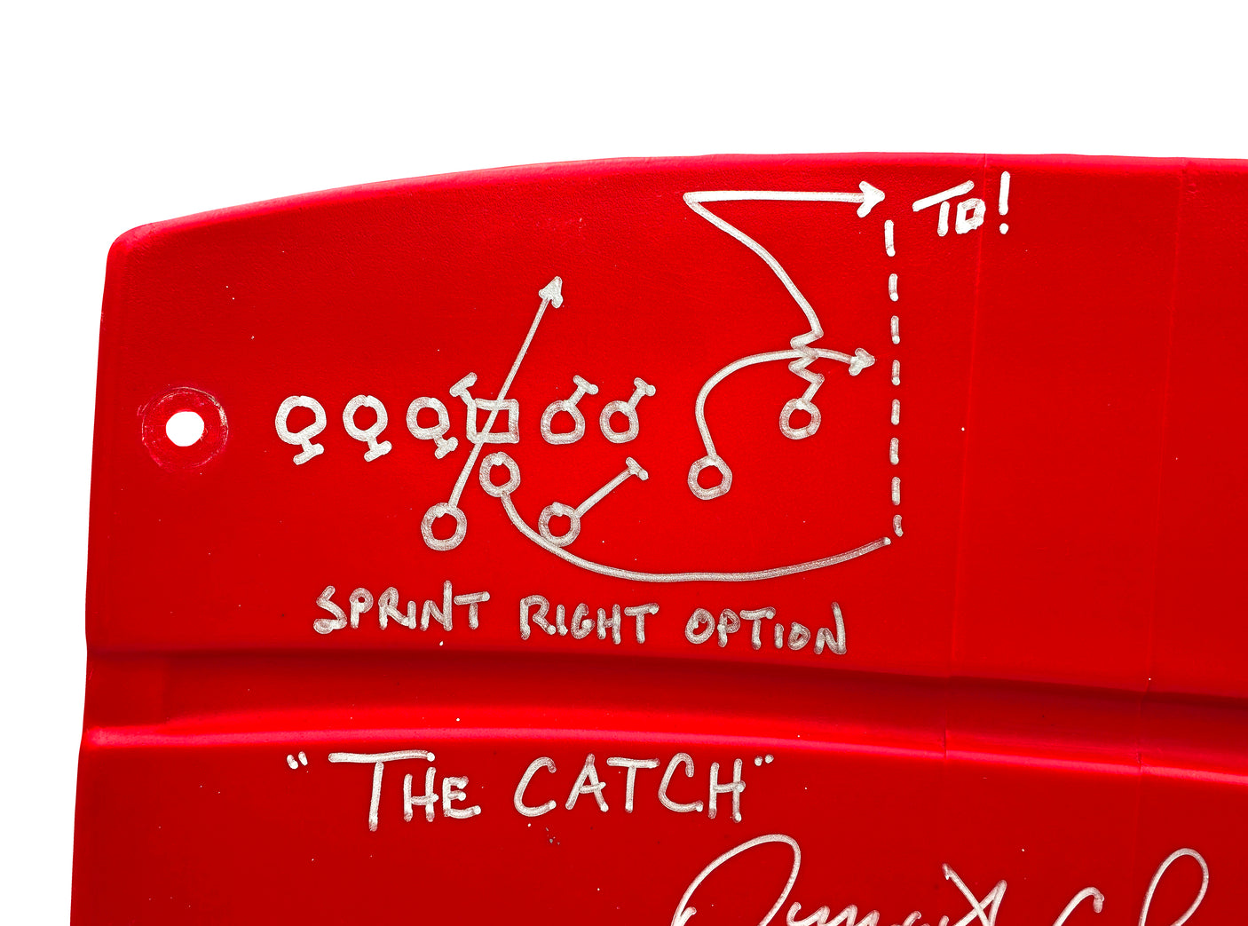 Joe Montana & Dwight Clark Autographed Red Stadium Used Candlestick Park Seatback San Francisco 49ers "The Catch, Sprint Right Option Play Sketch" Beckett BAS QR Stock #231872