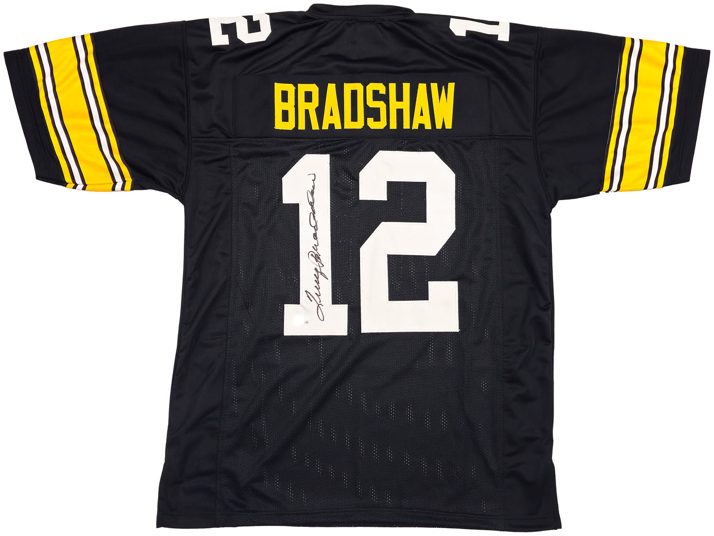 Pittsburgh Steelers Terry Bradshaw Autographed Black Jersey Beckett BAS Witness Stock #230649