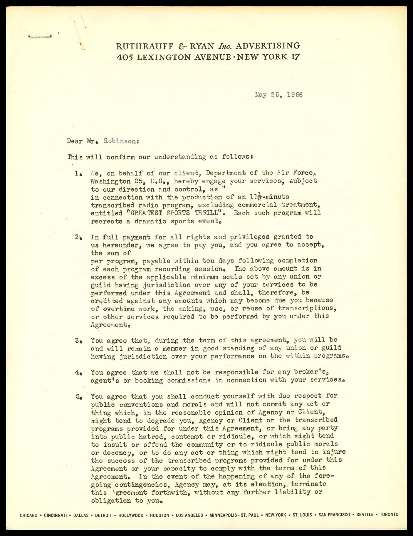Jackie Robinson Autographed 1956 Greatest Sports Thrill Contract Brooklyn Dodgers Beckett BAS #AE16478