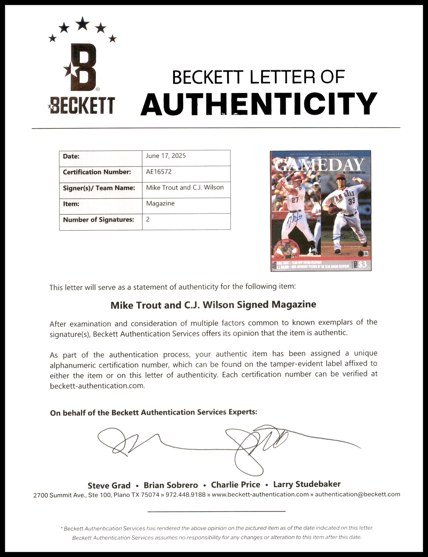 Mike Trout & C.J. Wilson Autographed Gameday Program California Angels Beckett BAS #AE16572