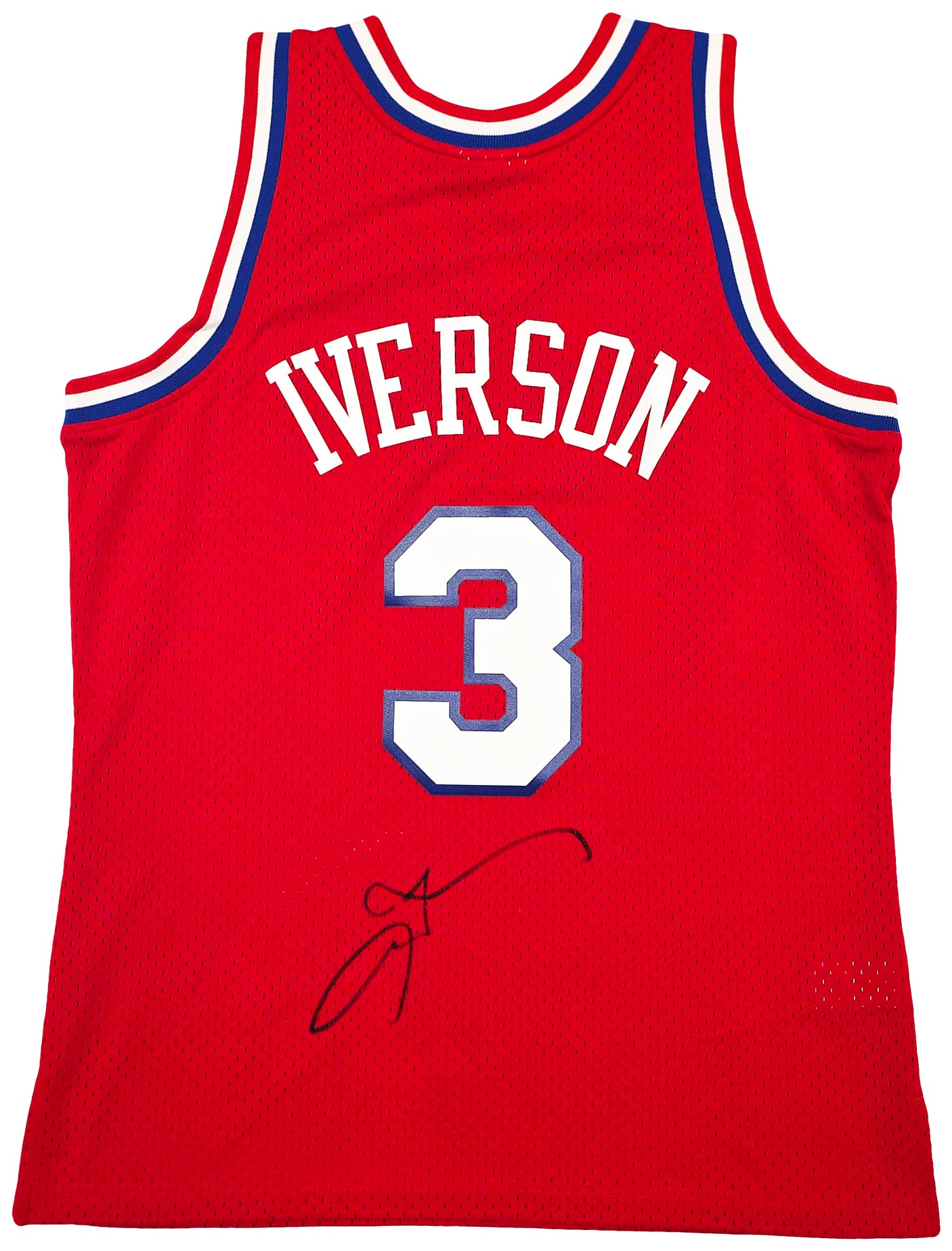 Philadelphia 76ers Allen Iverson Autographed Red Authentic Mitchell & Ness 2002-03 HWC Swingman Jersey Size L Beckett BAS Witness Stock #245735