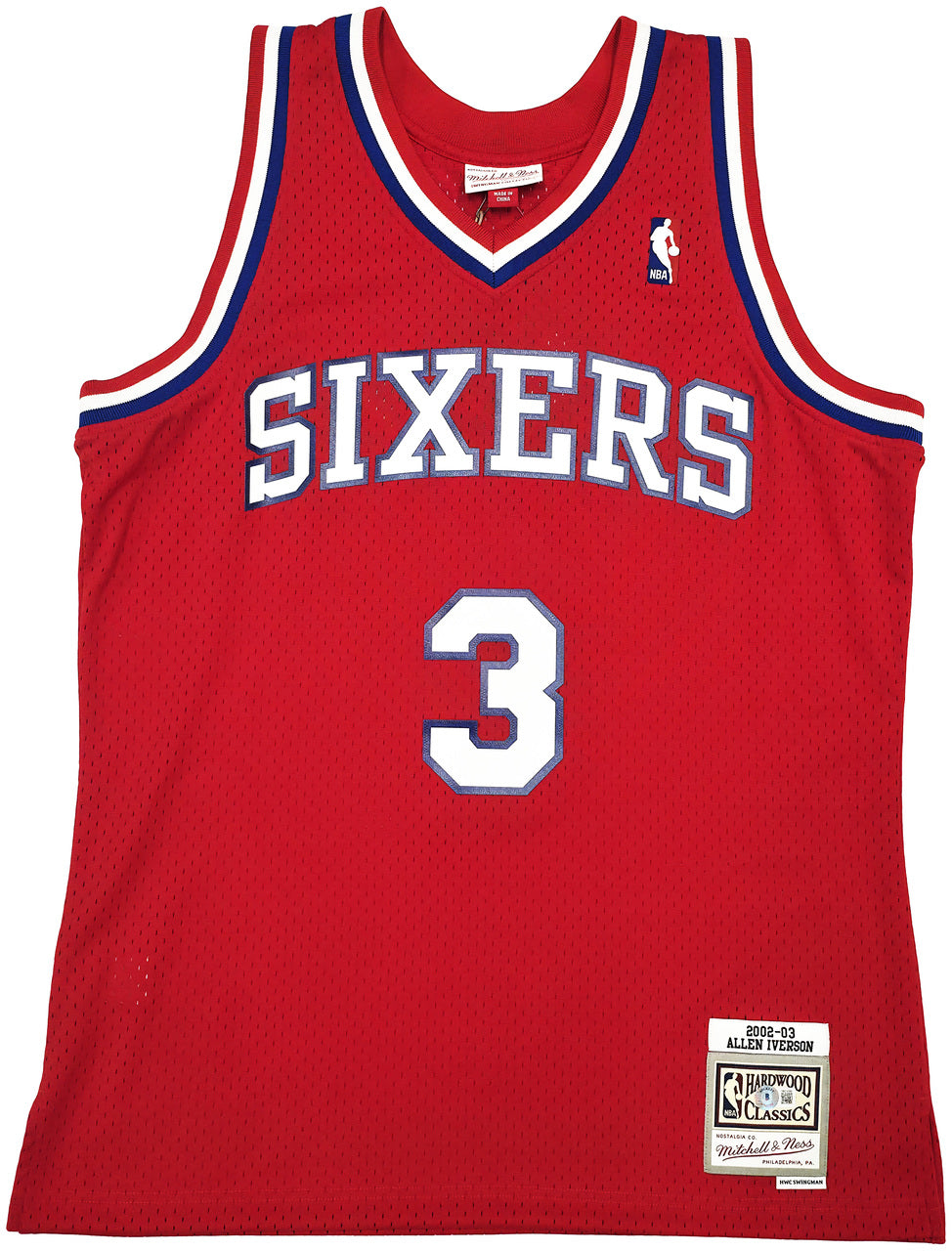 Philadelphia 76ers Allen Iverson Autographed Red Authentic Mitchell & Ness 2002-03 HWC Swingman Jersey Size L Beckett BAS Witness Stock #245735