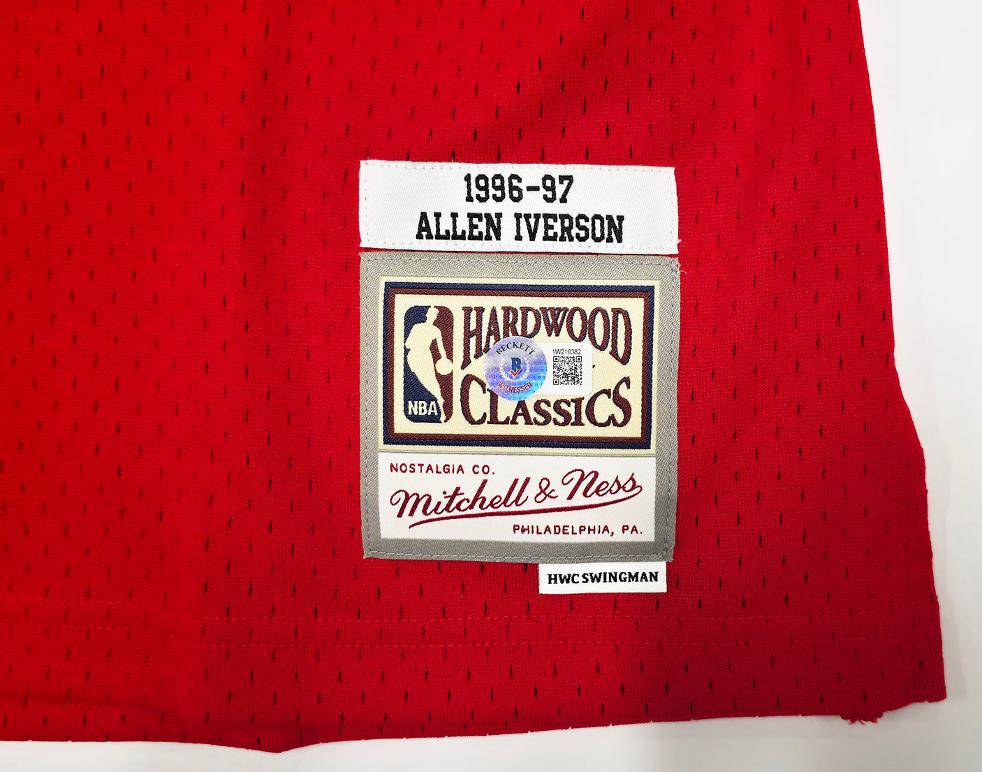 Philadelphia 76ers Allen Iverson Autographed Red Authentic Mitchell & Ness 1996-97 HWC Swingman Jersey Size 2XL Beckett BAS Witness Stock #245739