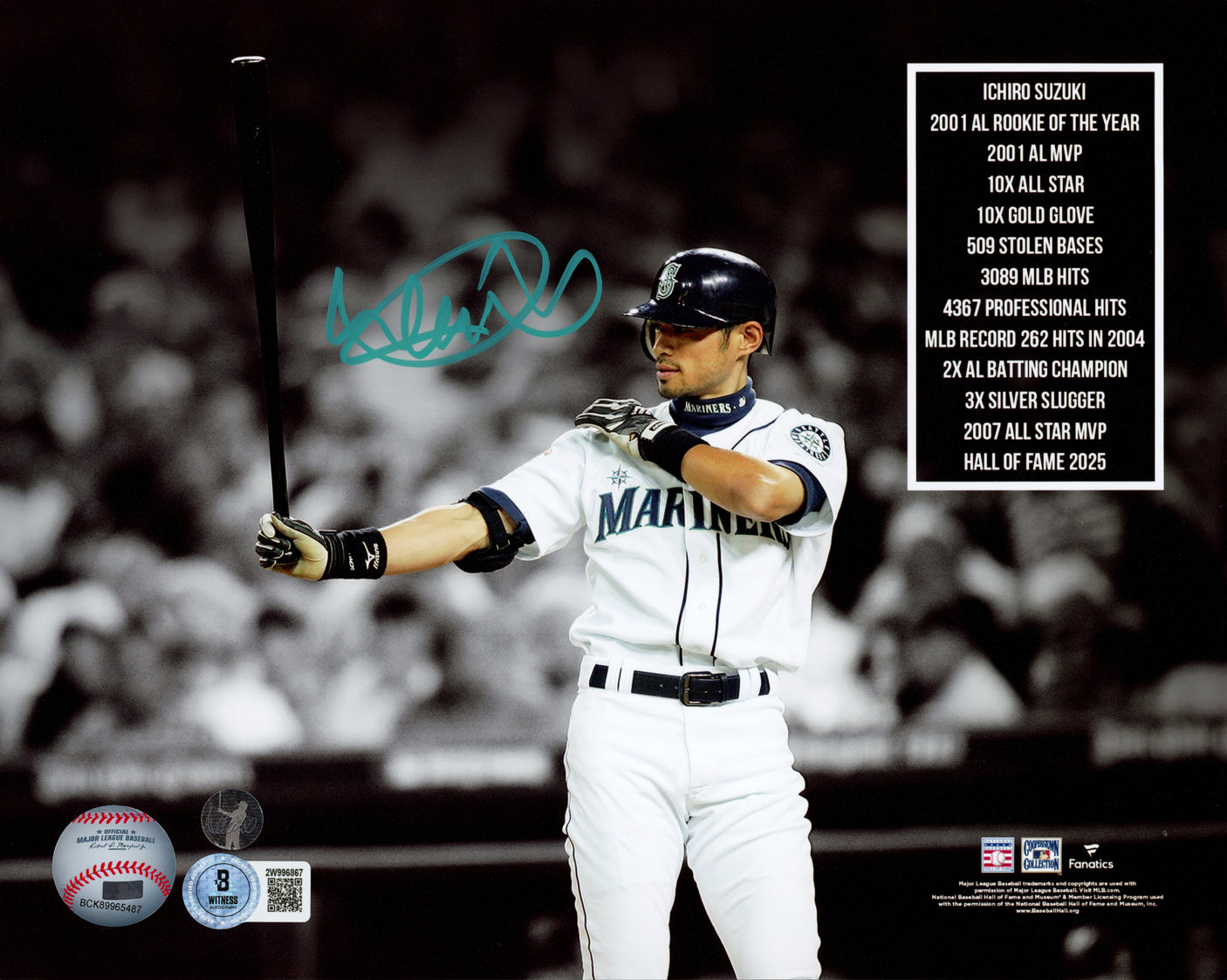 Ichiro Suzuki Autographed 8x10 Photo Seattle Mariners Stats IS Holo & Beckett BAS Witness Stock #246186
