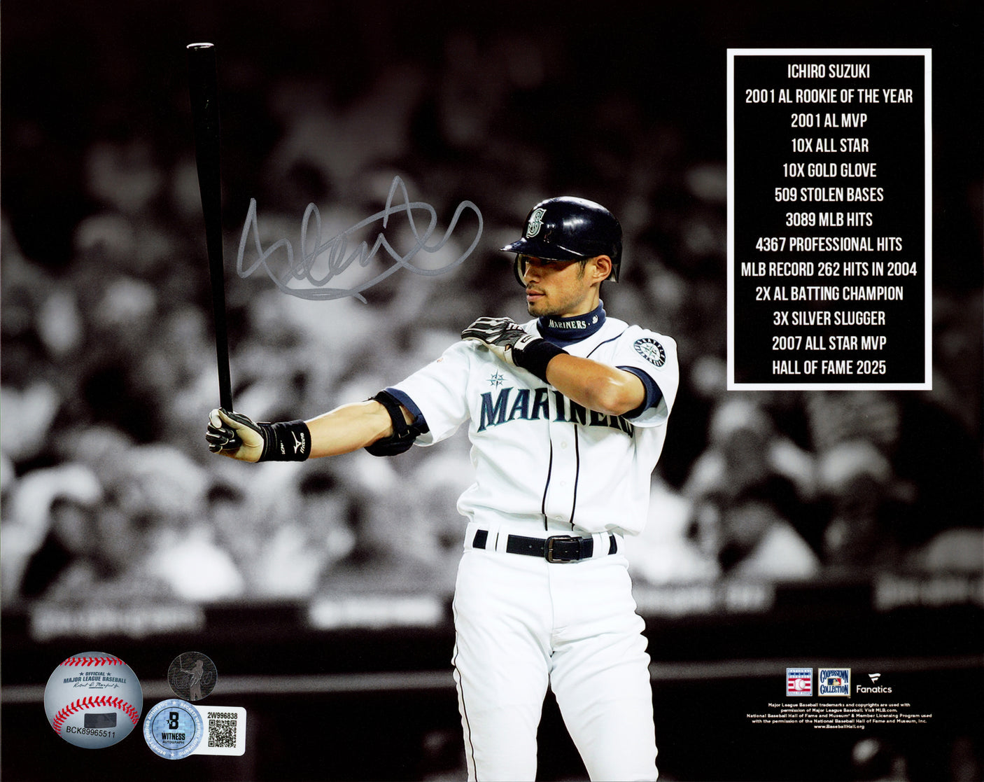 Ichiro Suzuki Autographed 8x10 Photo Seattle Mariners Stats IS Holo & Beckett BAS Witness Stock #246187