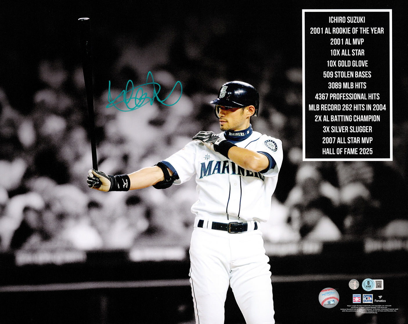 Ichiro Suzuki Autographed 16x20 Photo Seattle Mariners Stats IS Holo & Beckett BAS Witness Stock #246190