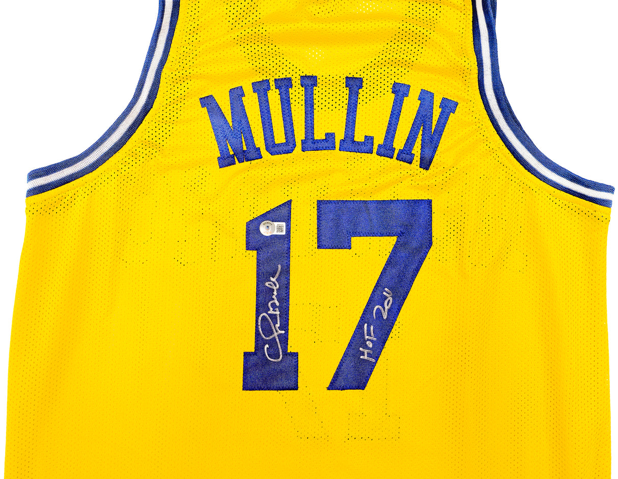 Golden State Warriors Chris Mullin Autographed Yellow Jersey "HOF 2011" Beckett BAS Witness Stock #232594