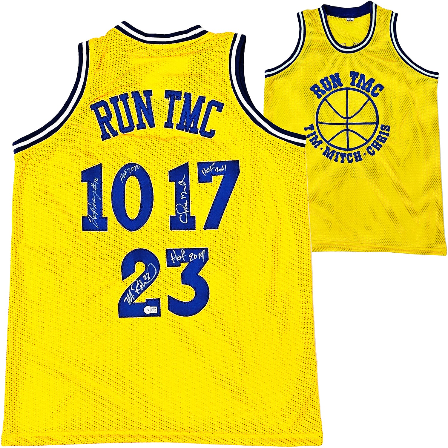 Golden State Warriors Chris Mullin, Tim Hardaway & Mitch Richmond Autographed Yellow Jersey Run TMC "HOF" Beckett BAS Witness Stock #216822