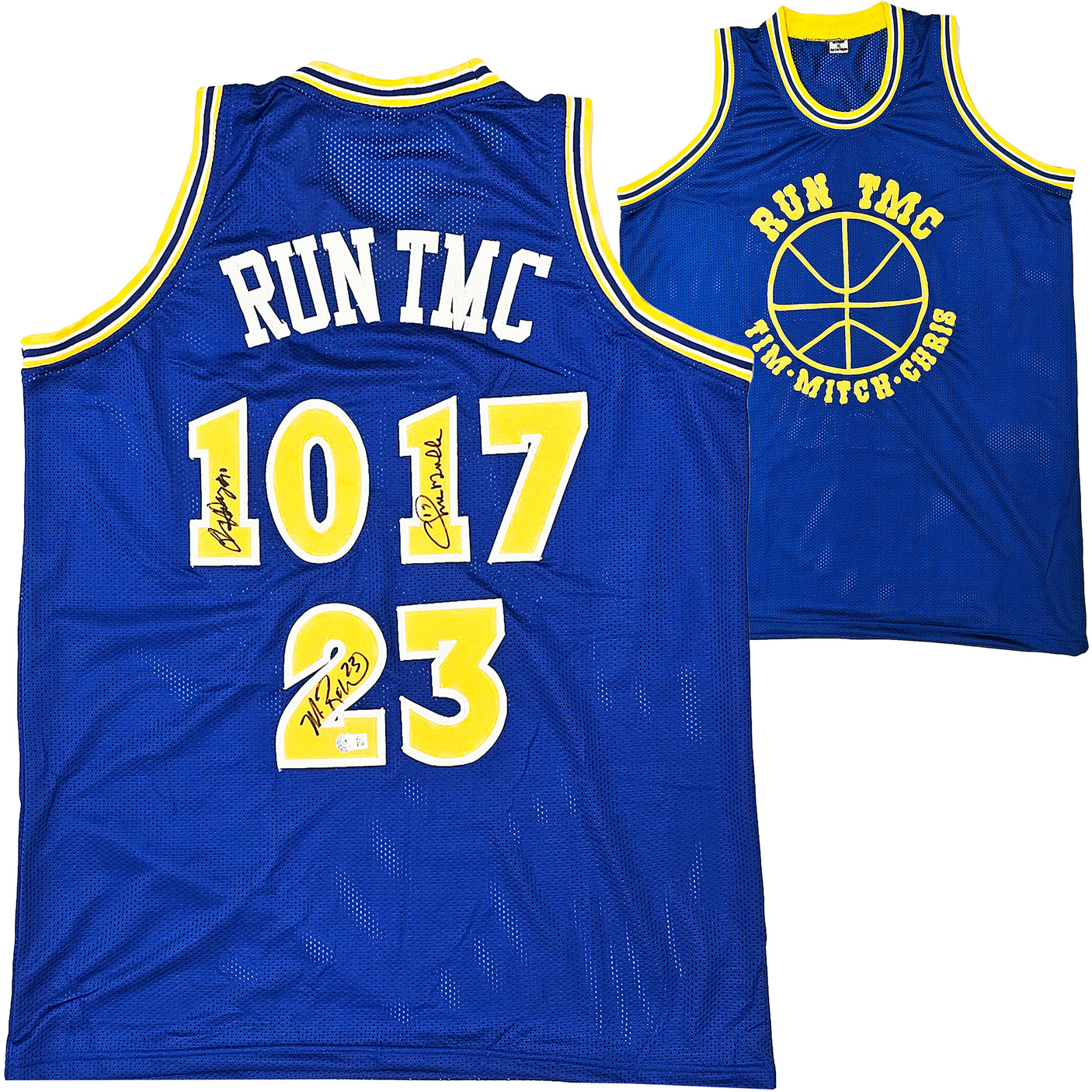 Golden State Warriors Chris Mullin, Tim Hardaway & Mitch Richmond Autographed Blue Jersey Run TMC Beckett BAS Witness Stock #216819