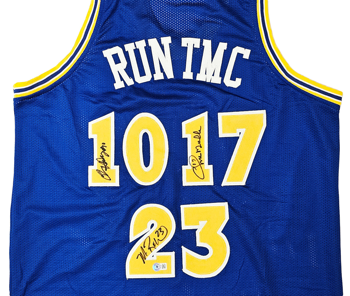 Golden State Warriors Chris Mullin, Tim Hardaway & Mitch Richmond Autographed Blue Jersey Run TMC Beckett BAS Witness Stock #216819