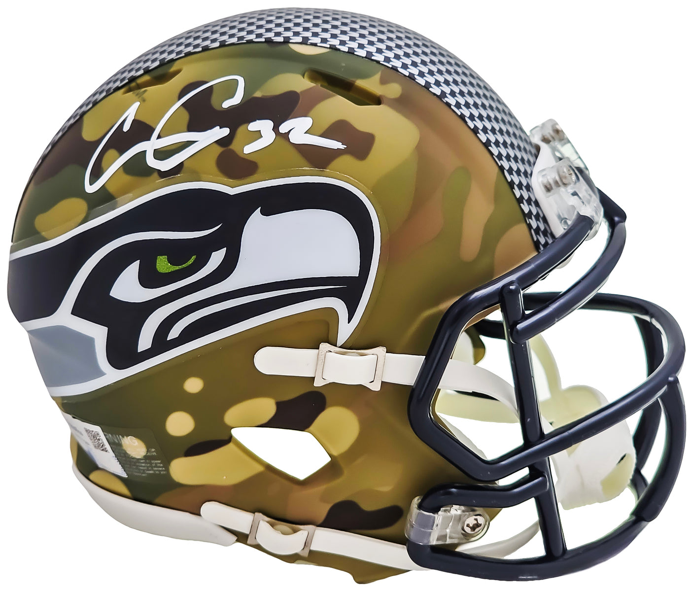 Chris Carson Autographed Seattle Seahawks Camo Speed Mini Helmet Fanatics Holo Stock #216814