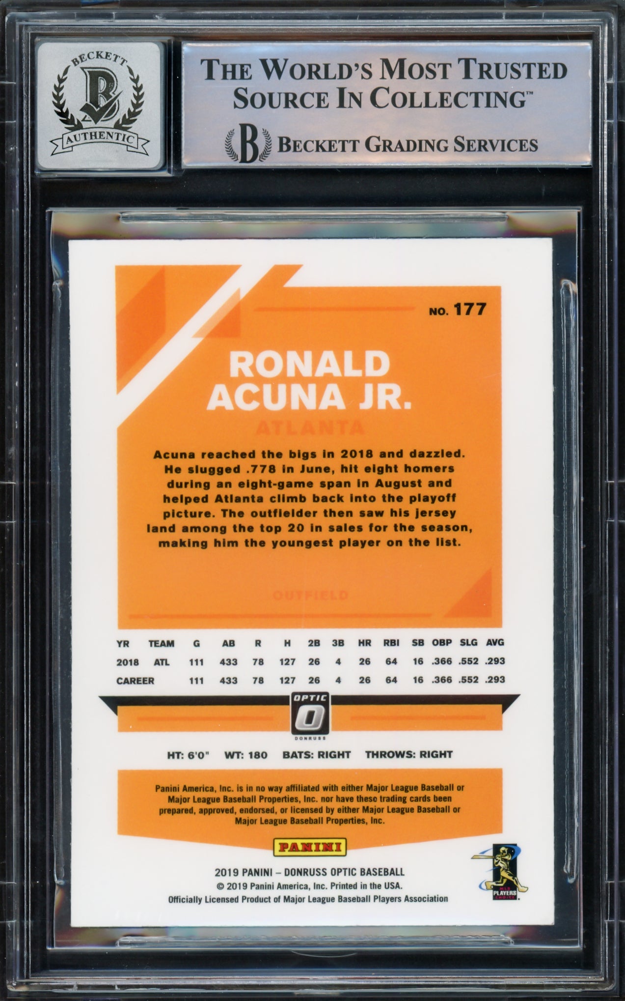 Ronald Acuna Jr. Autographed 2019 Donruss Optic Card #177 Atlanta Braves Auto Grade Gem Mint 10 Beckett BAS #15771891