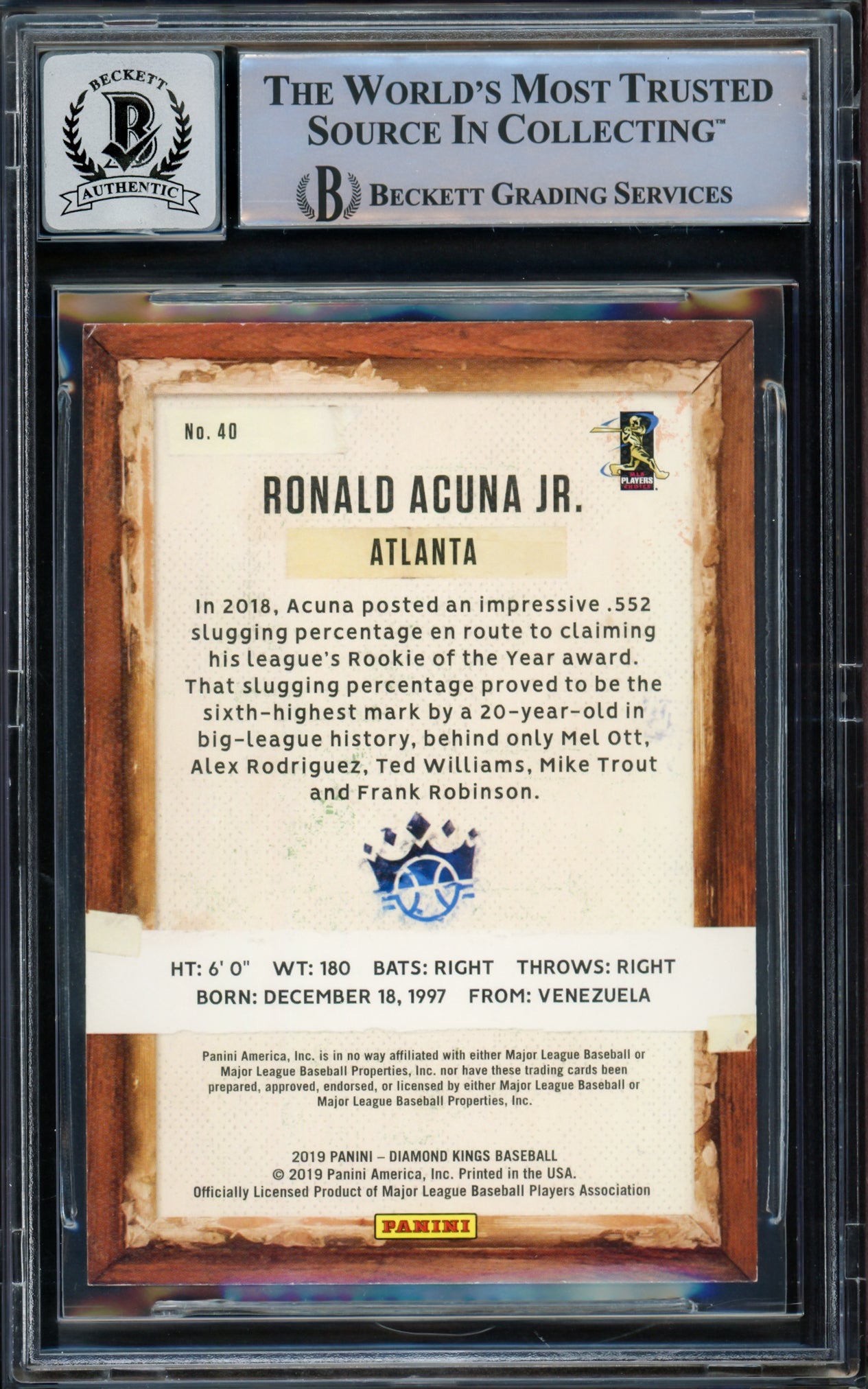 Ronald Acuna Jr. Autographed 2019 Panini Diamond Kings Card #40 Atlanta Braves Auto Grade Gem Mint 10 Beckett BAS #15771896