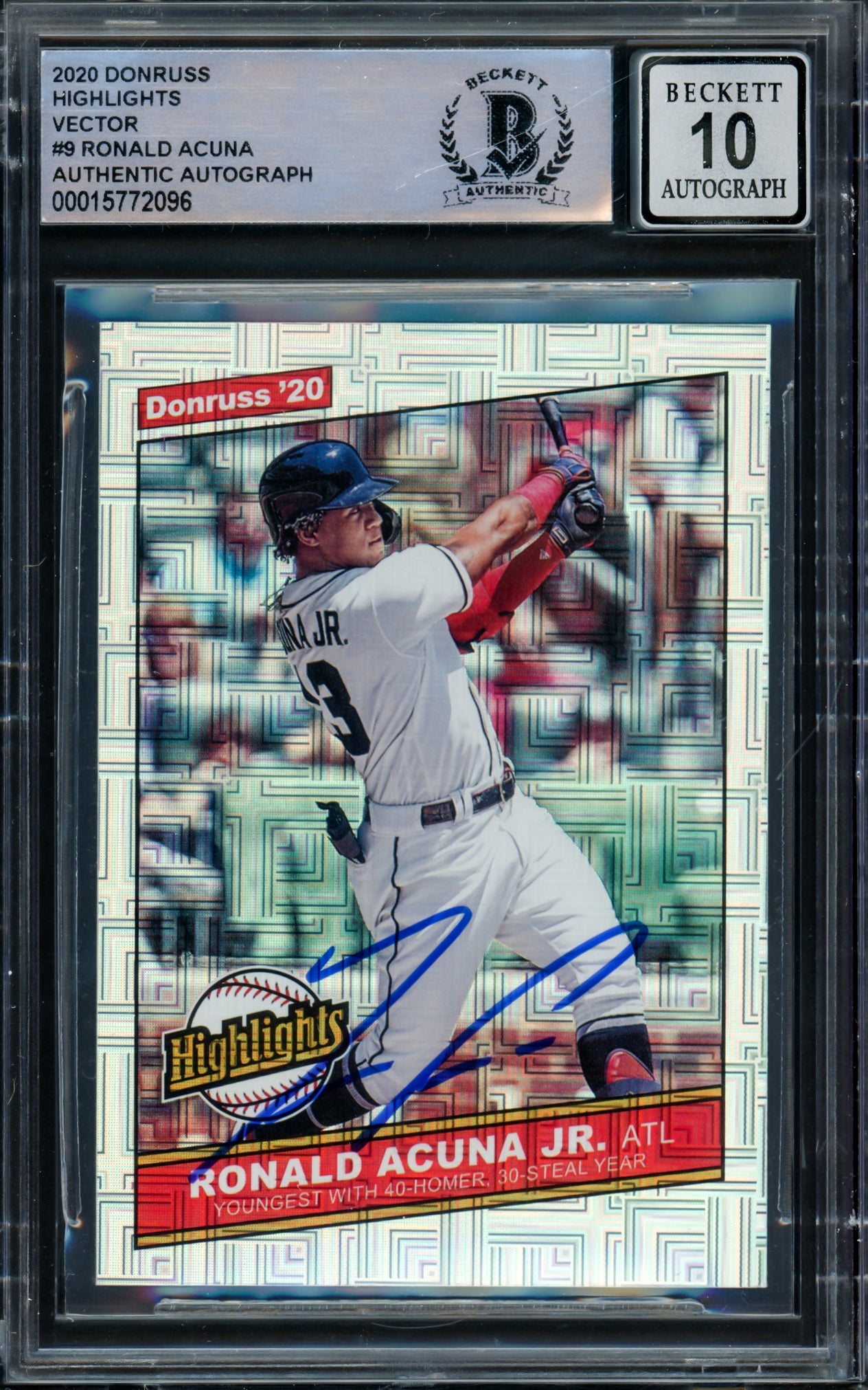 Ronald Acuna Jr. Autographed 2020 Donruss Highlights Vector Card #H-9 Atlanta Braves Auto Grade Gem Mint 10 Beckett BAS #15772096