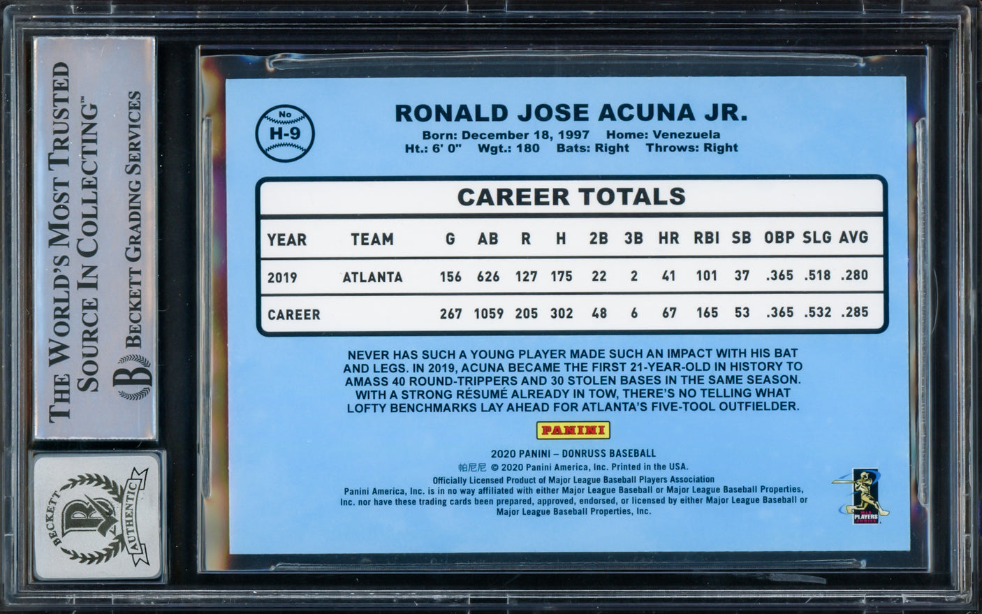 Ronald Acuna Jr. Autographed 2020 Donruss Highlights Vector Card #H-9 Atlanta Braves Auto Grade Gem Mint 10 Beckett BAS #15772096