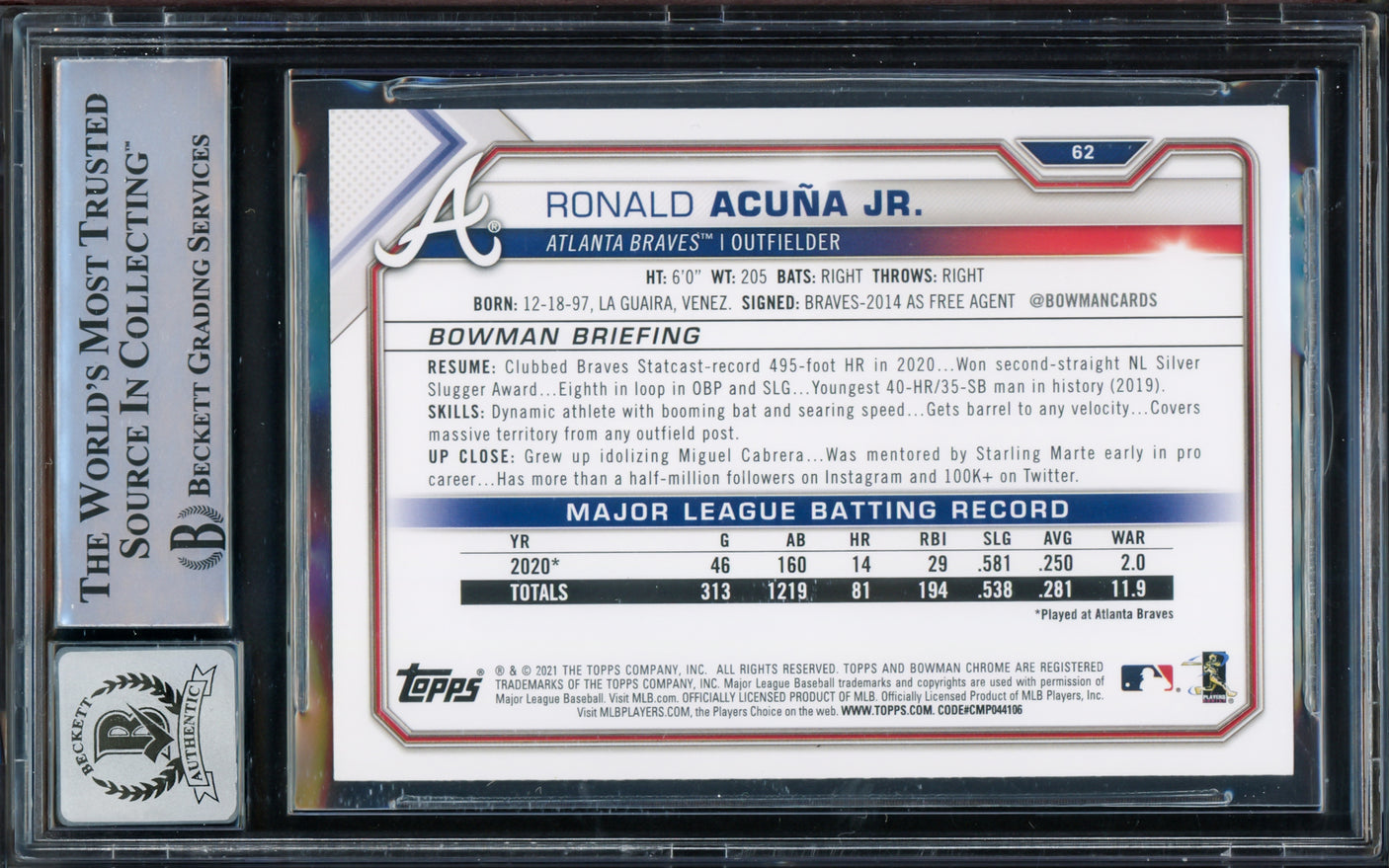Ronald Acuna Jr. Autographed 2021 Bowman Card #62 Atlanta Braves Auto Grade Gem Mint 10 Beckett BAS #15772120