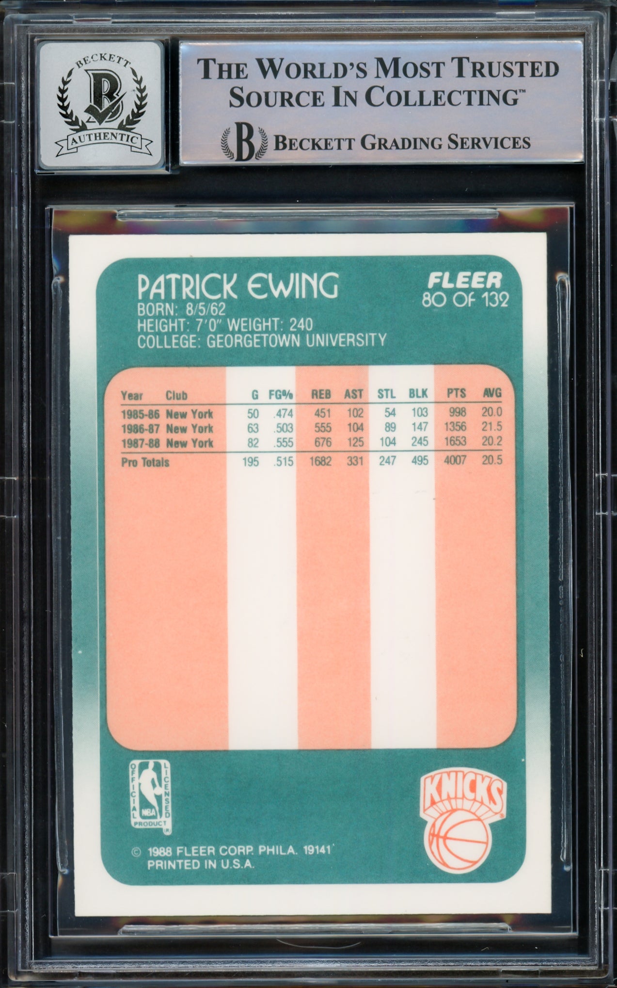 Patrick Ewing Autographed 1988-89 Fleer Card #80 New York Knicks Auto Grade Gem Mint 10 Beckett BAS #15772191