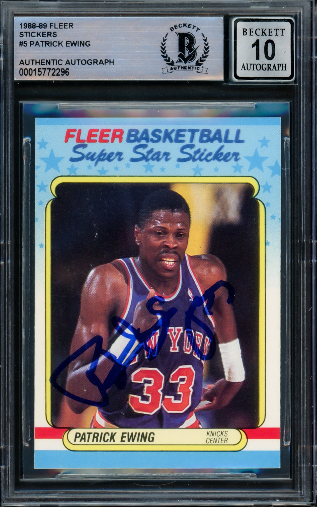 Patrick Ewing Autographed 1988-89 Fleer Sticker Card #5 New York Knicks Auto Grade Gem Mint 10 Beckett BAS #15772296