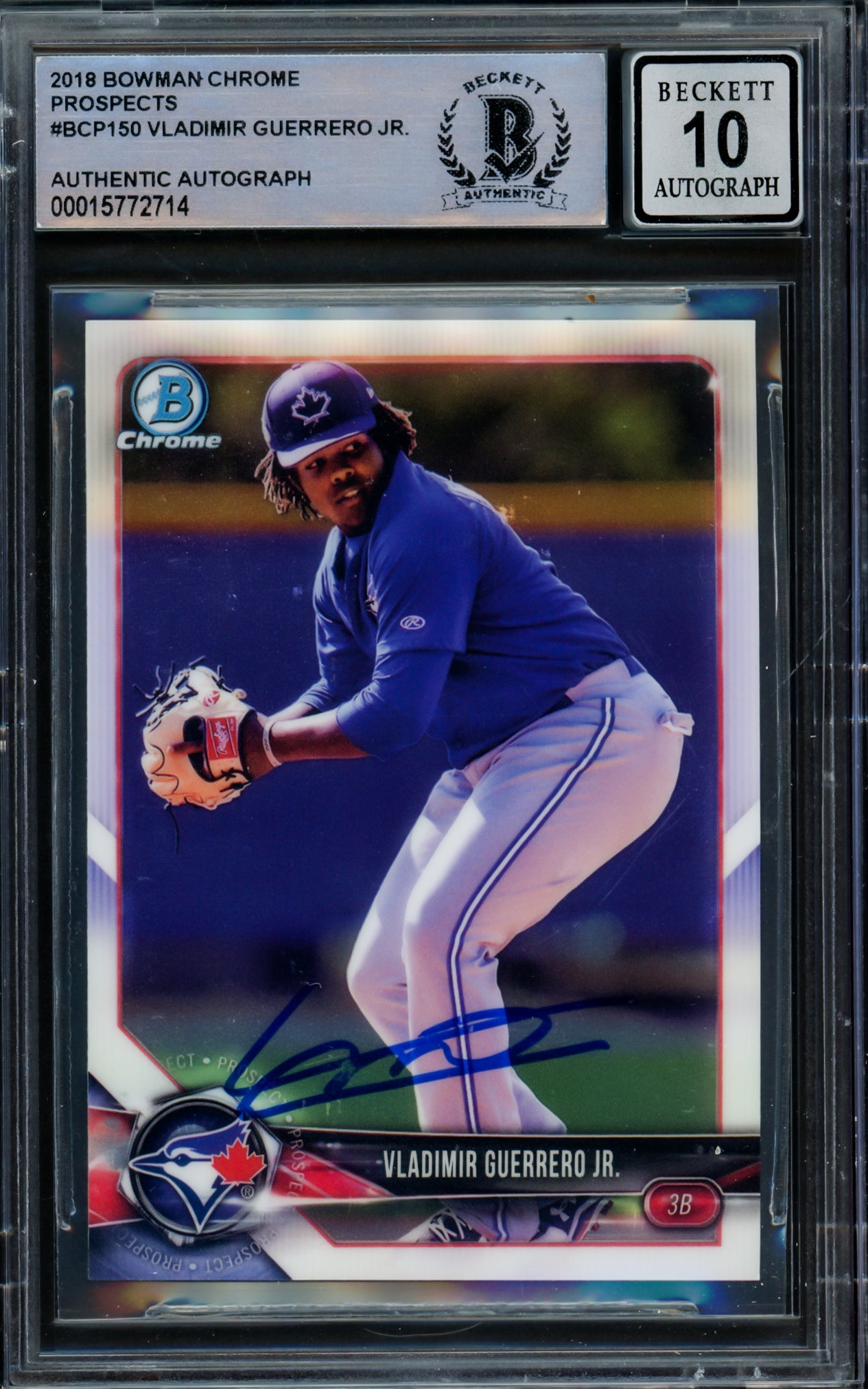 Vladimir Guerrero Jr. Autographed 2018 Bowman Chrome Rookie Card #BCP150 Toronto Blue Jays Auto Grade Gem Mint 10 Beckett BAS #15772714