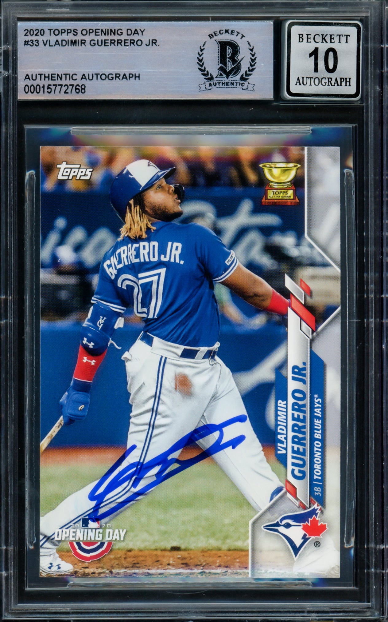 Vladimir Guerrero Jr. Autographed 2020 Topps Opening Day Card #33 Toronto Blue Jays Auto Grade Gem Mint 10 Beckett BAS #15772768