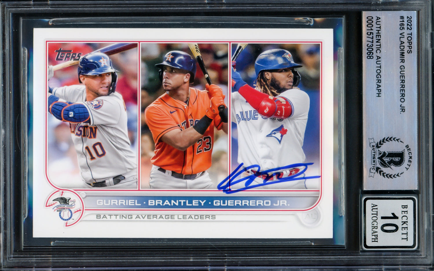 Vladimir Guerrero Jr. Autographed 2022 Topps Card #165 Toronto Blue Jays Auto Grade Gem Mint 10 Beckett BAS #15773068