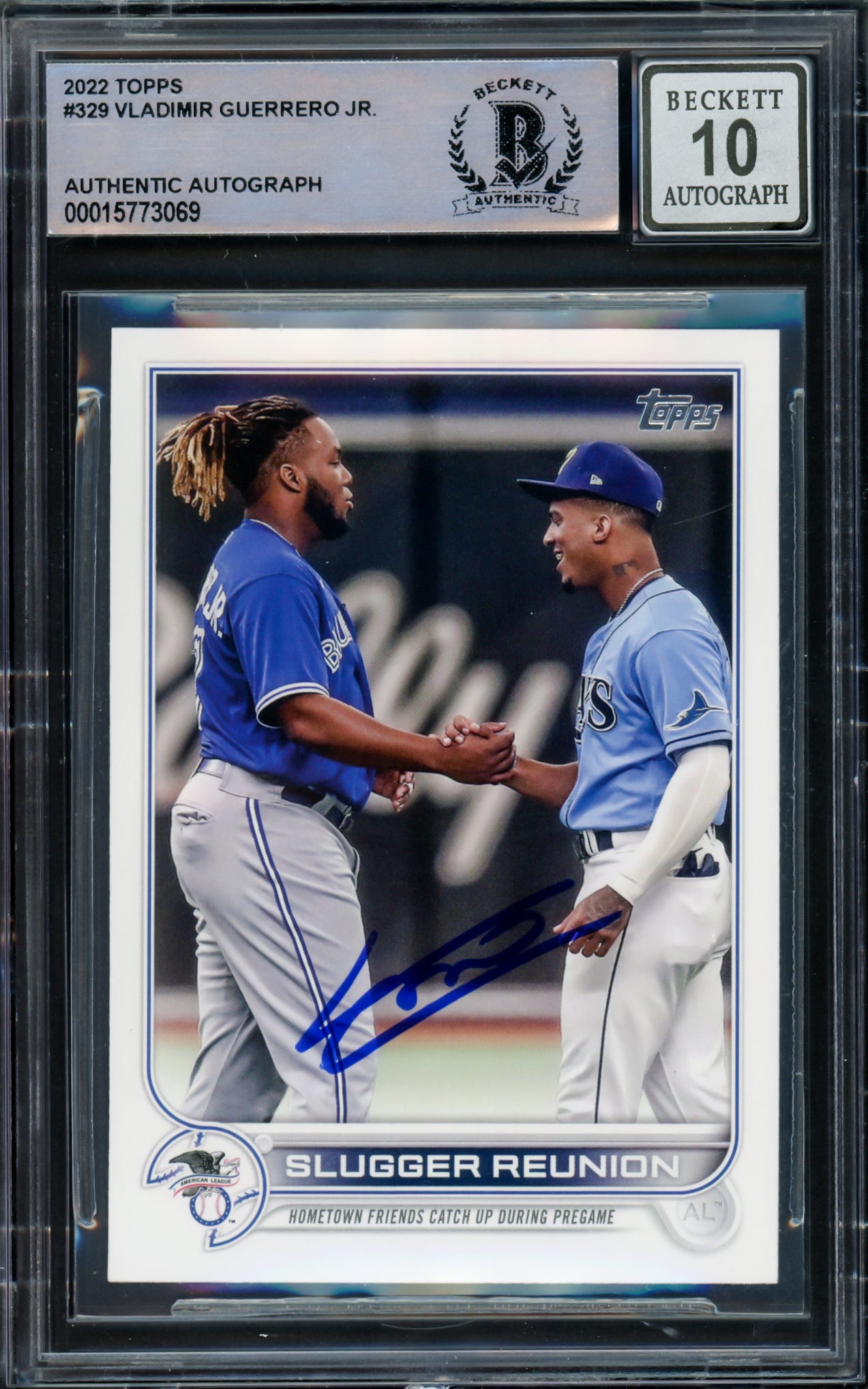 Vladimir Guerrero Jr. Autographed 2022 Topps Card #329 Toronto Blue Jays Auto Grade Gem Mint 10 Beckett BAS #15773069