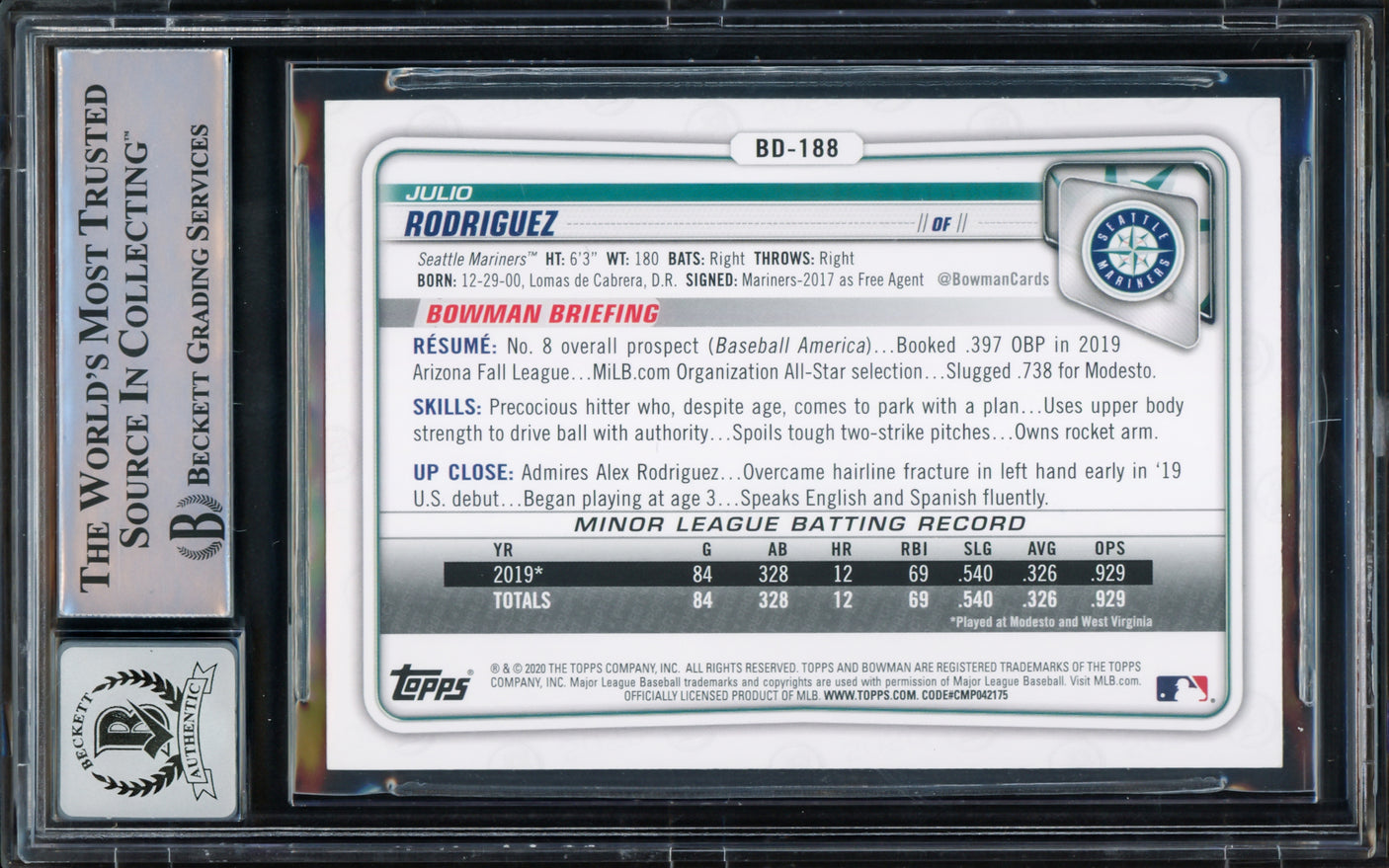 Julio Rodriguez Autographed 2020 Bowman Draft Rookie Card #BD188 Seattle Mariners Auto Grade Gem Mint 10 Beckett BAS #15773547