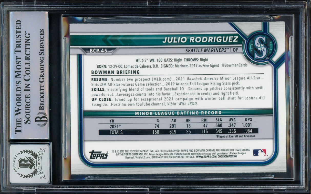 Julio Rodriguez Autographed 2022 Bowman Chrome Rookie Card #BCP45 Seattle Mariners Auto Grade Gem Mint 10 Beckett BAS #15773570